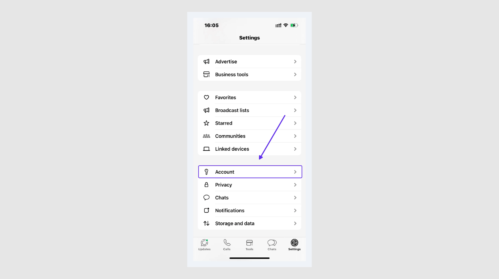 Open settings in the WhatsApp Business app on iOS