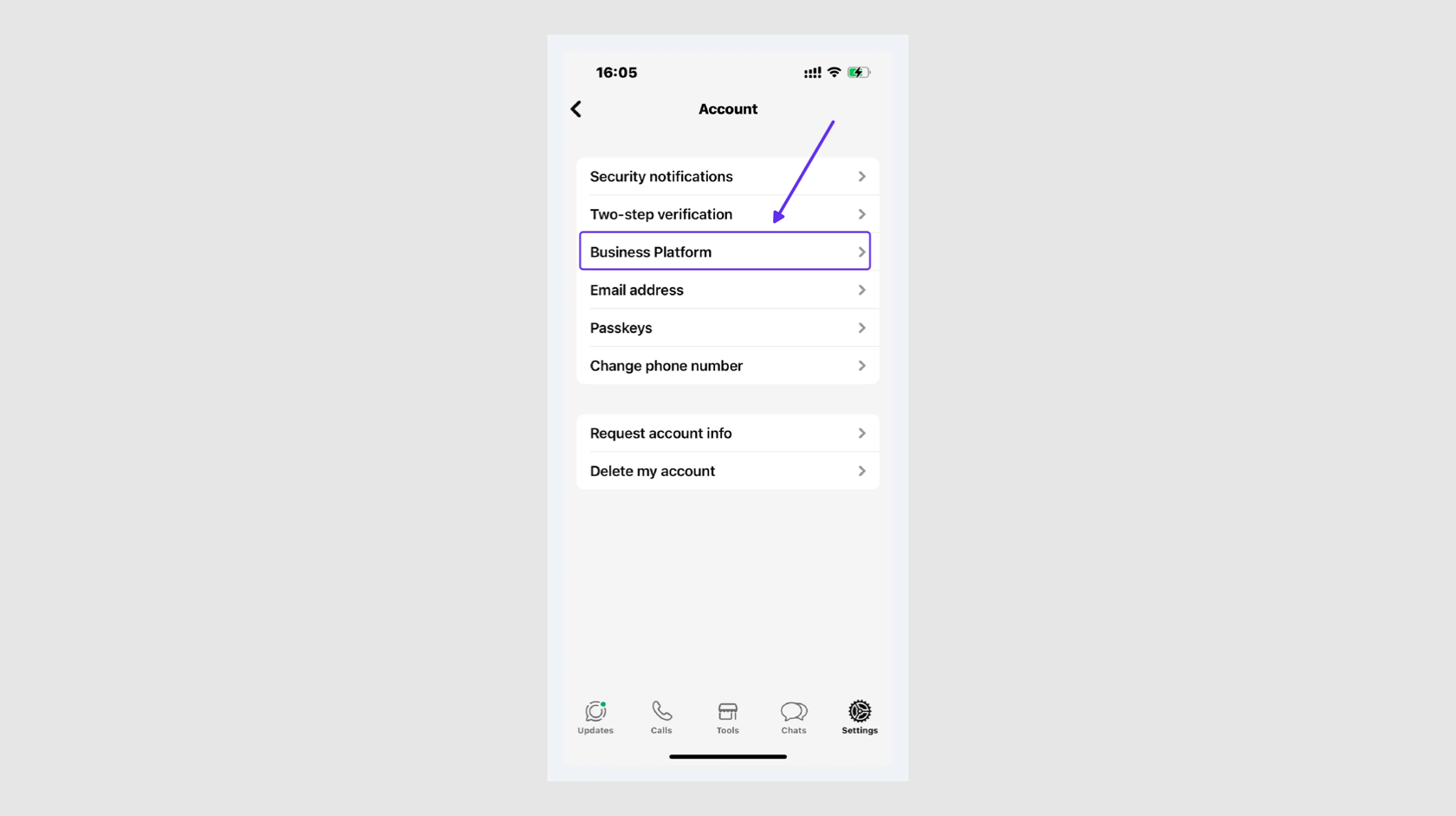 Open account settings in the WhatsApp Business app on iOS