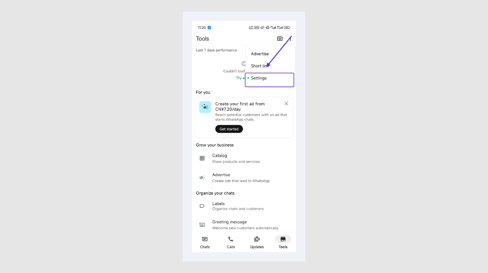Open business tools in the WhatsApp Business app on Android