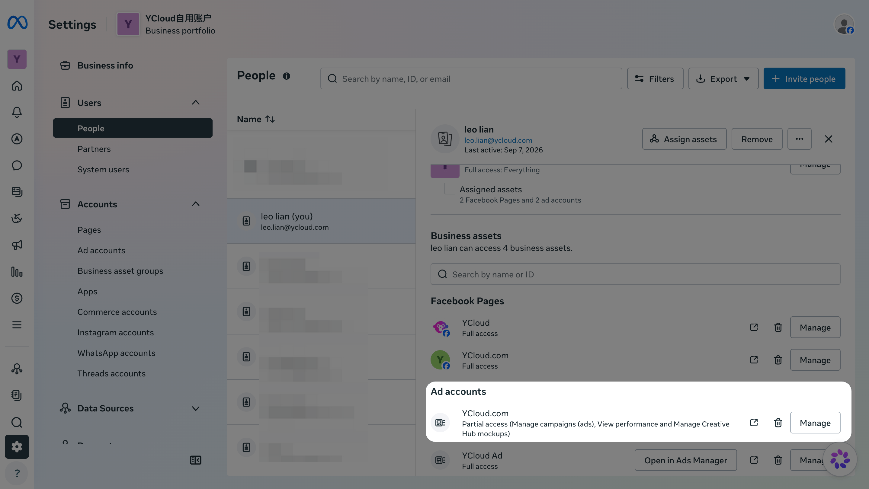 Meta Business Settings showing a Facebook account with access to an ad account.
