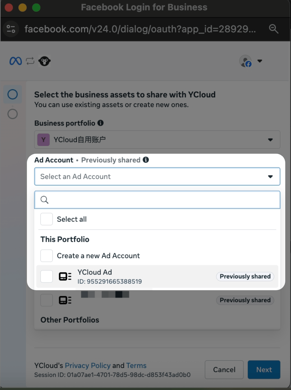Meta authorization page for selecting the ad accounts to connect to YCloud.