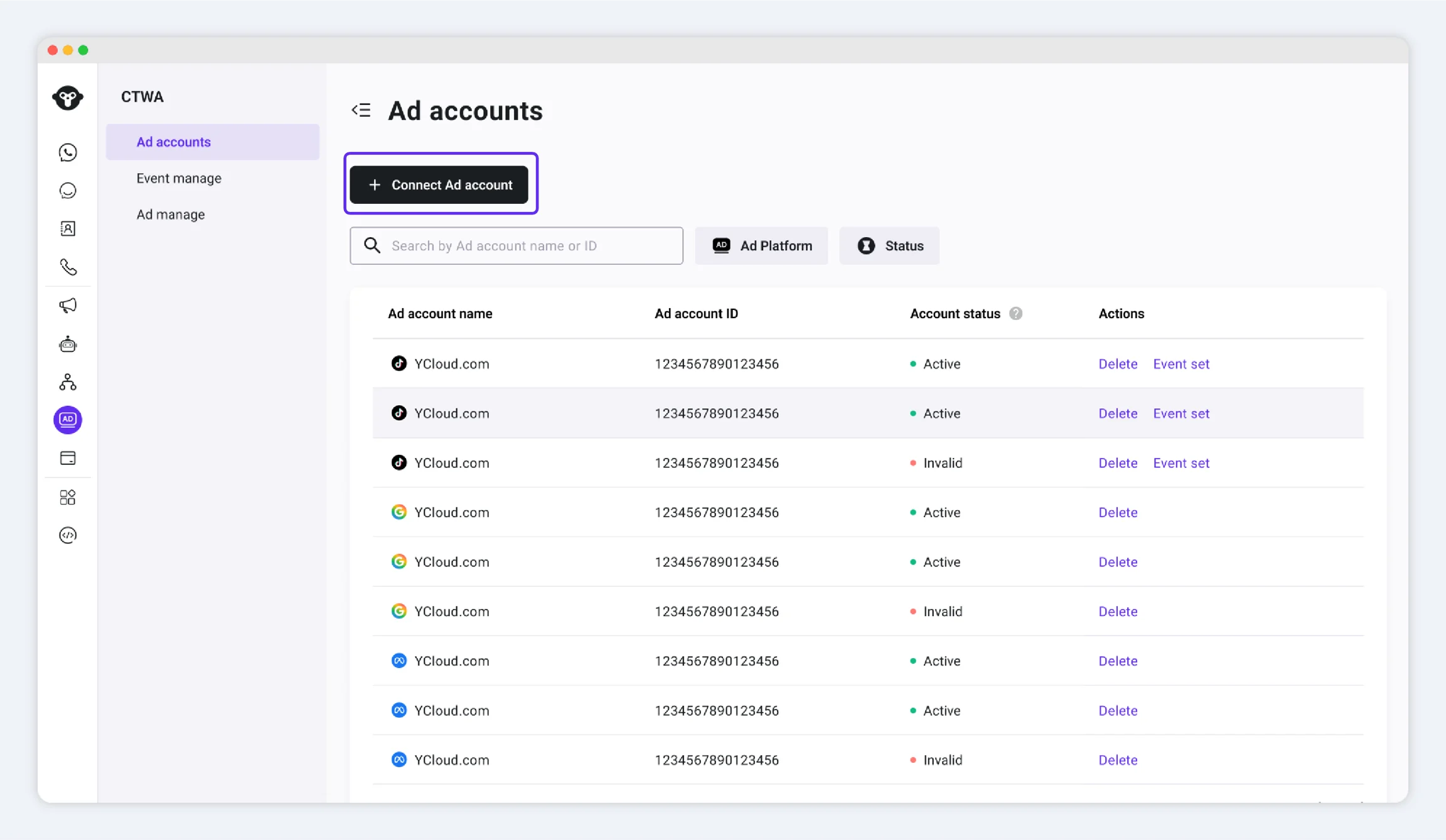 Страница CTWA Ad Account с кнопкой Connect Ad Account.