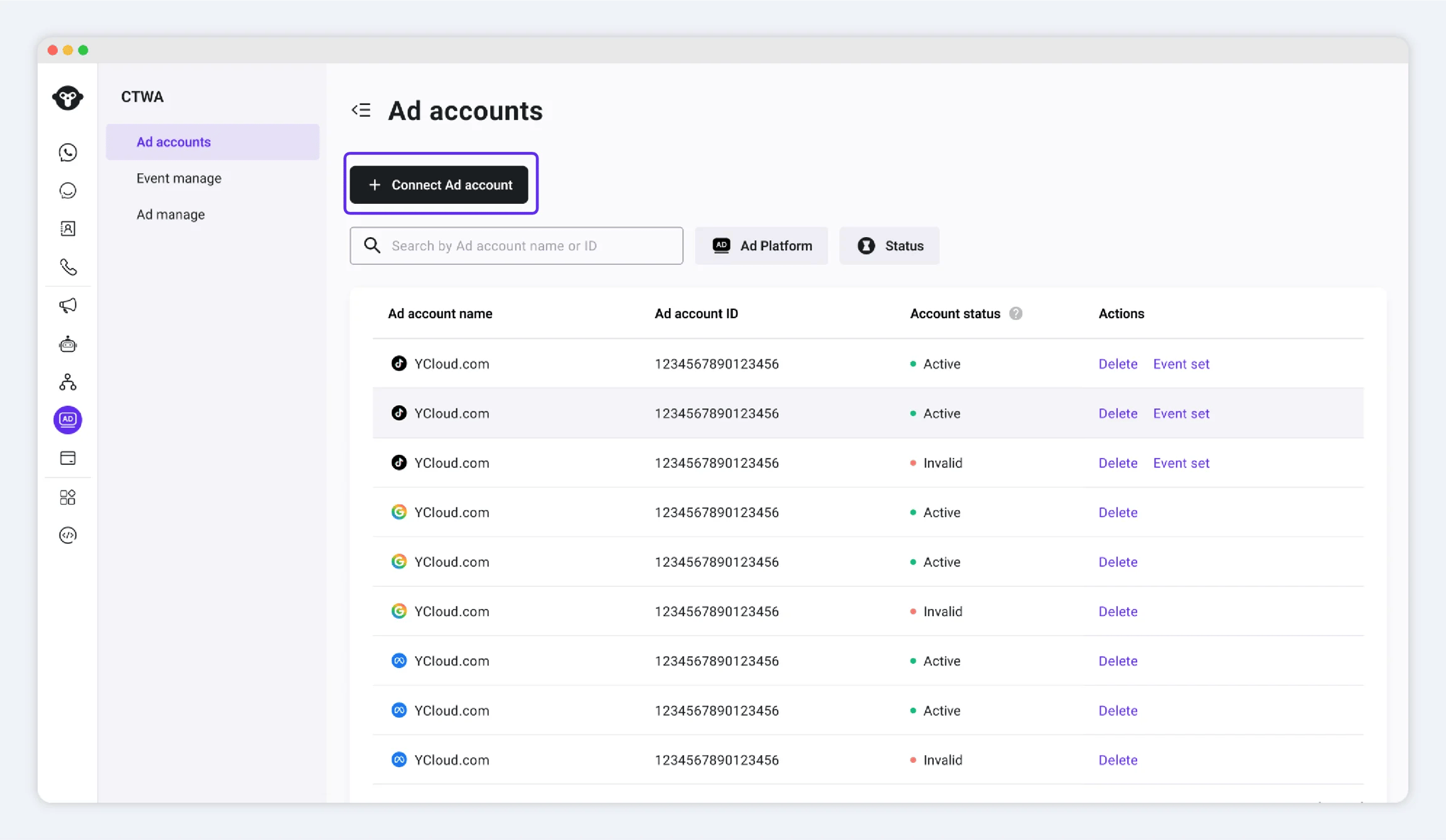 CTWA Ad Account page with the Connect Ad Account button.
