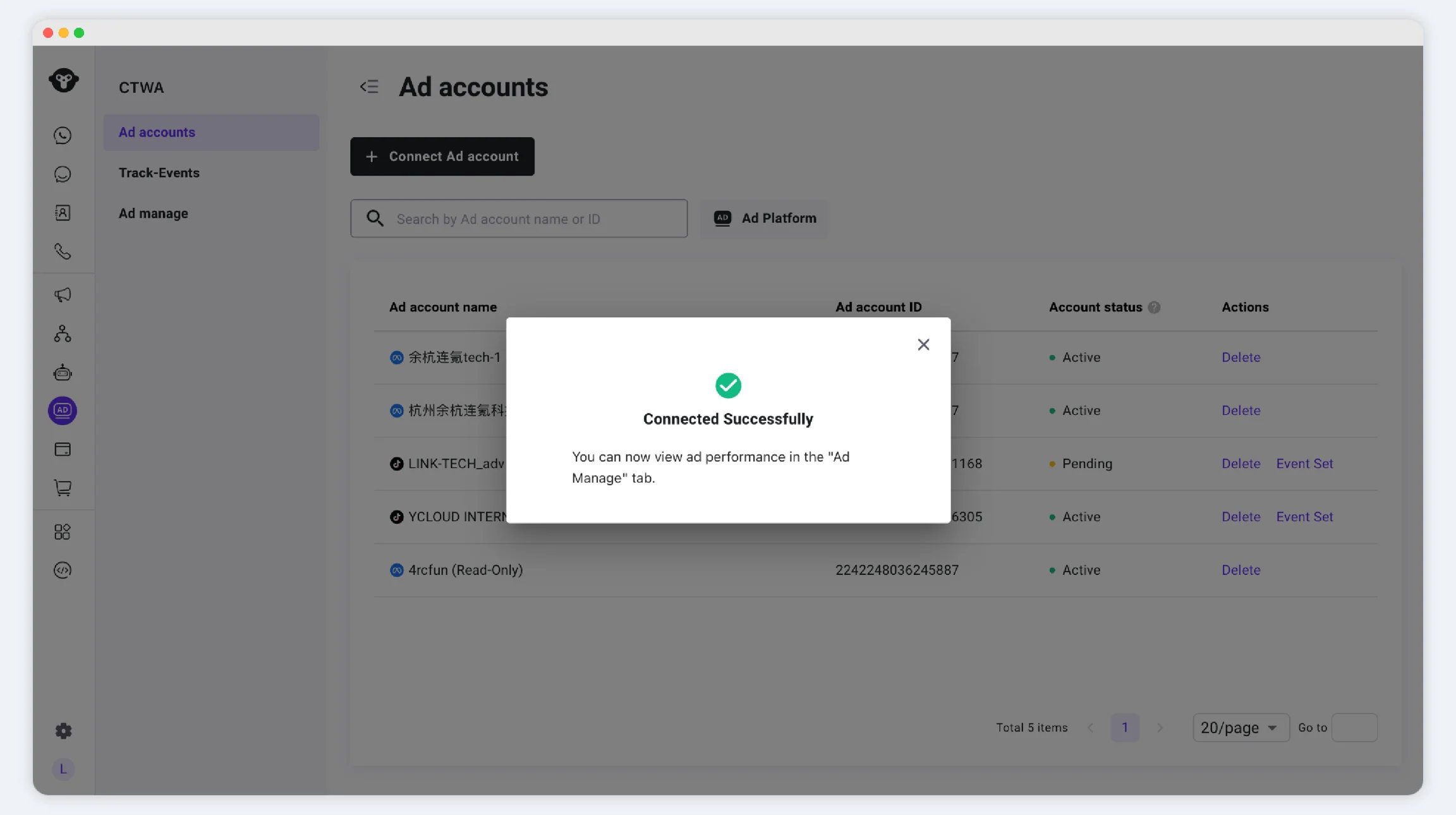 CTWA Ad Account list showing a connected Meta ad account.