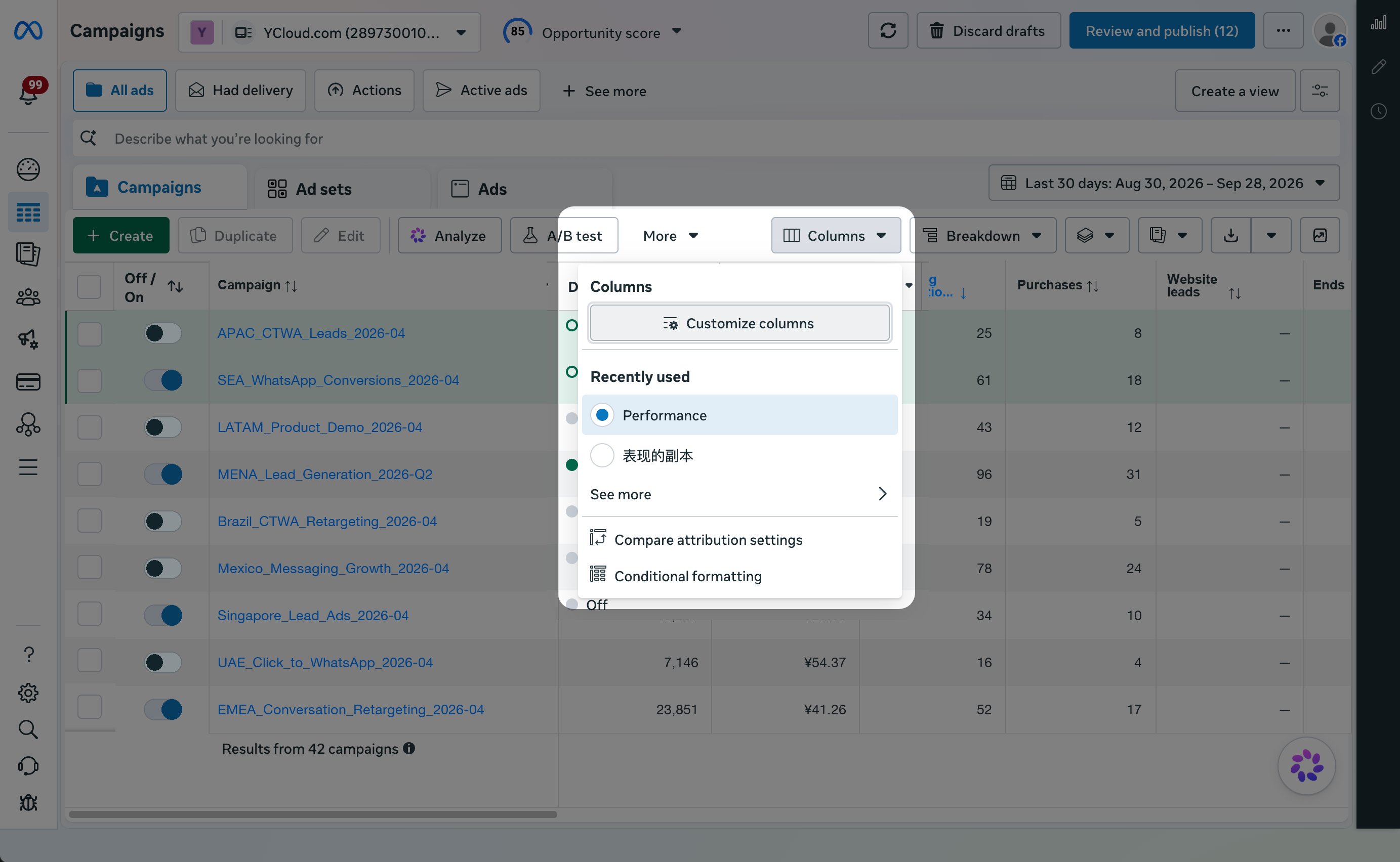 Meta Ads Manager Columns menu with Customize columns selected.