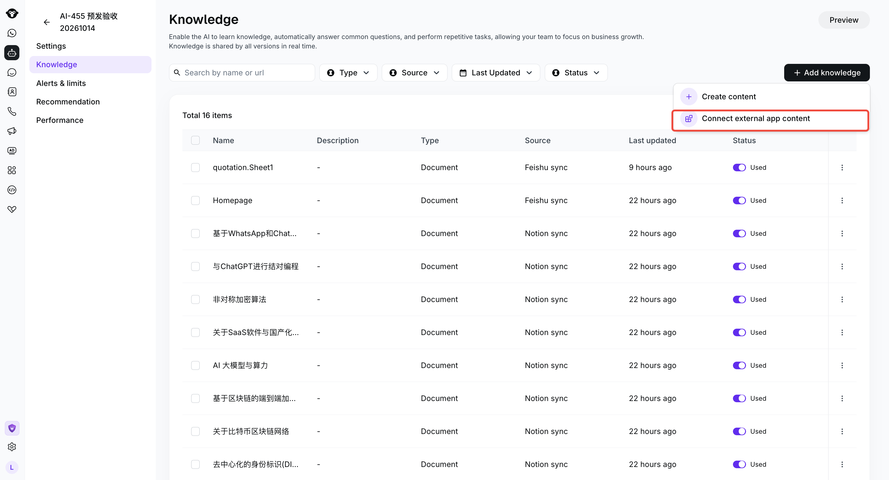 Knowledge page with the Add knowledge menu open and Connect external app content highlighted.