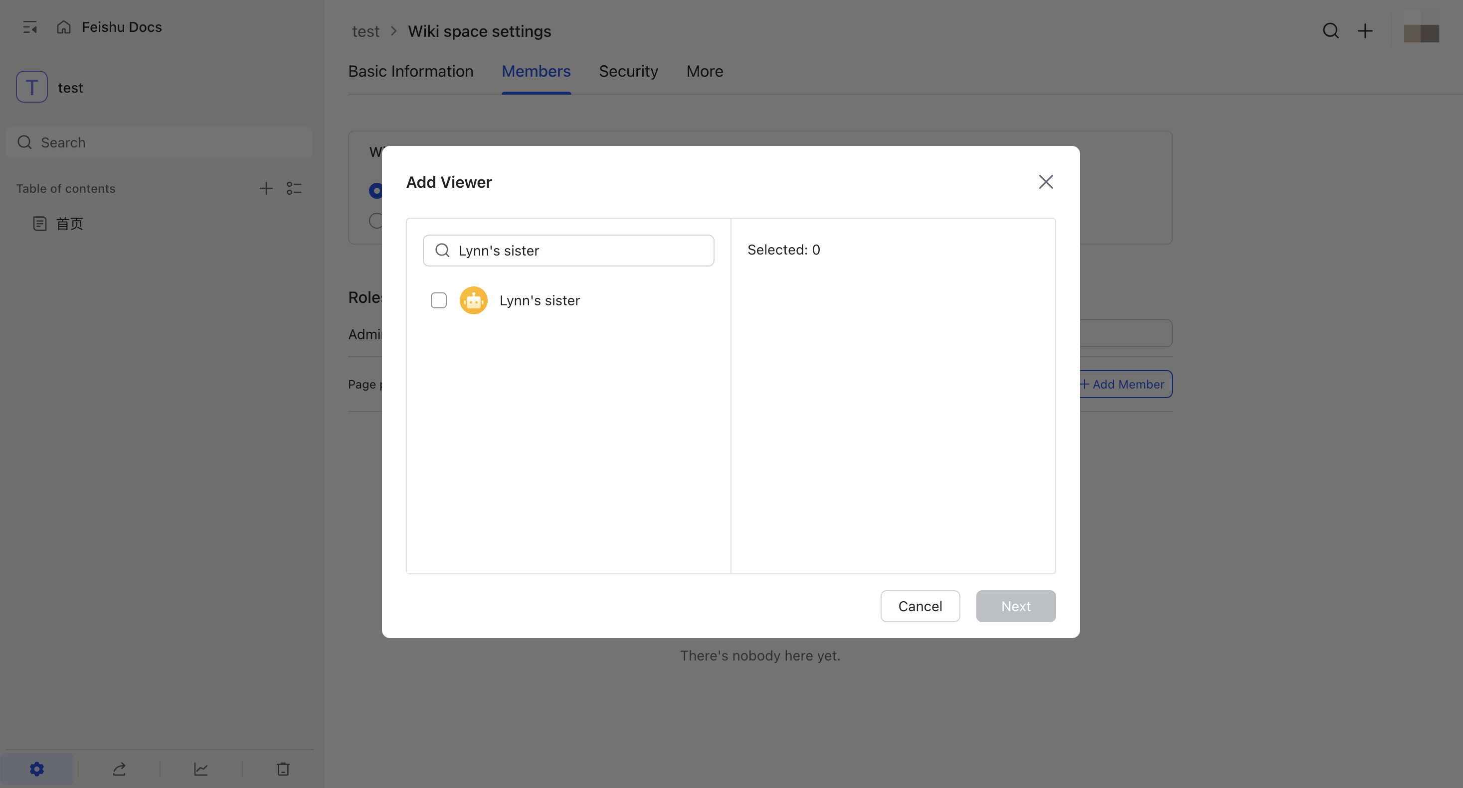 Add members dialog showing a Feishu bot in the search results.