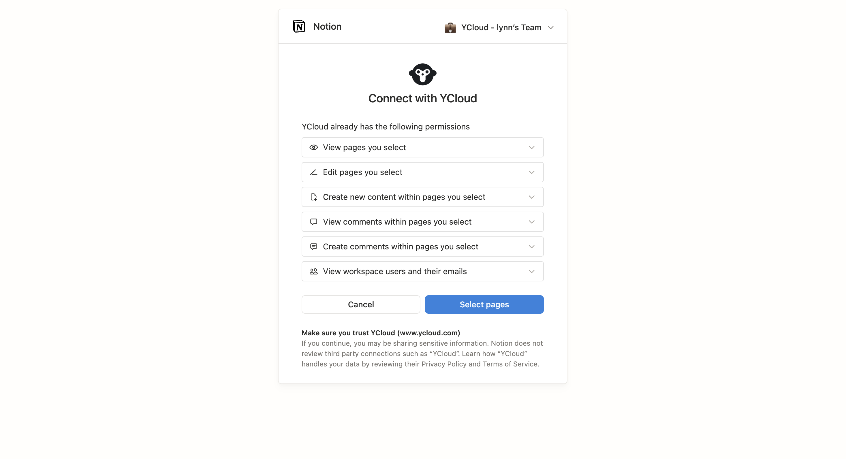 Notion Connect with YCloud authorization page showing the requested permissions and Select pages button.