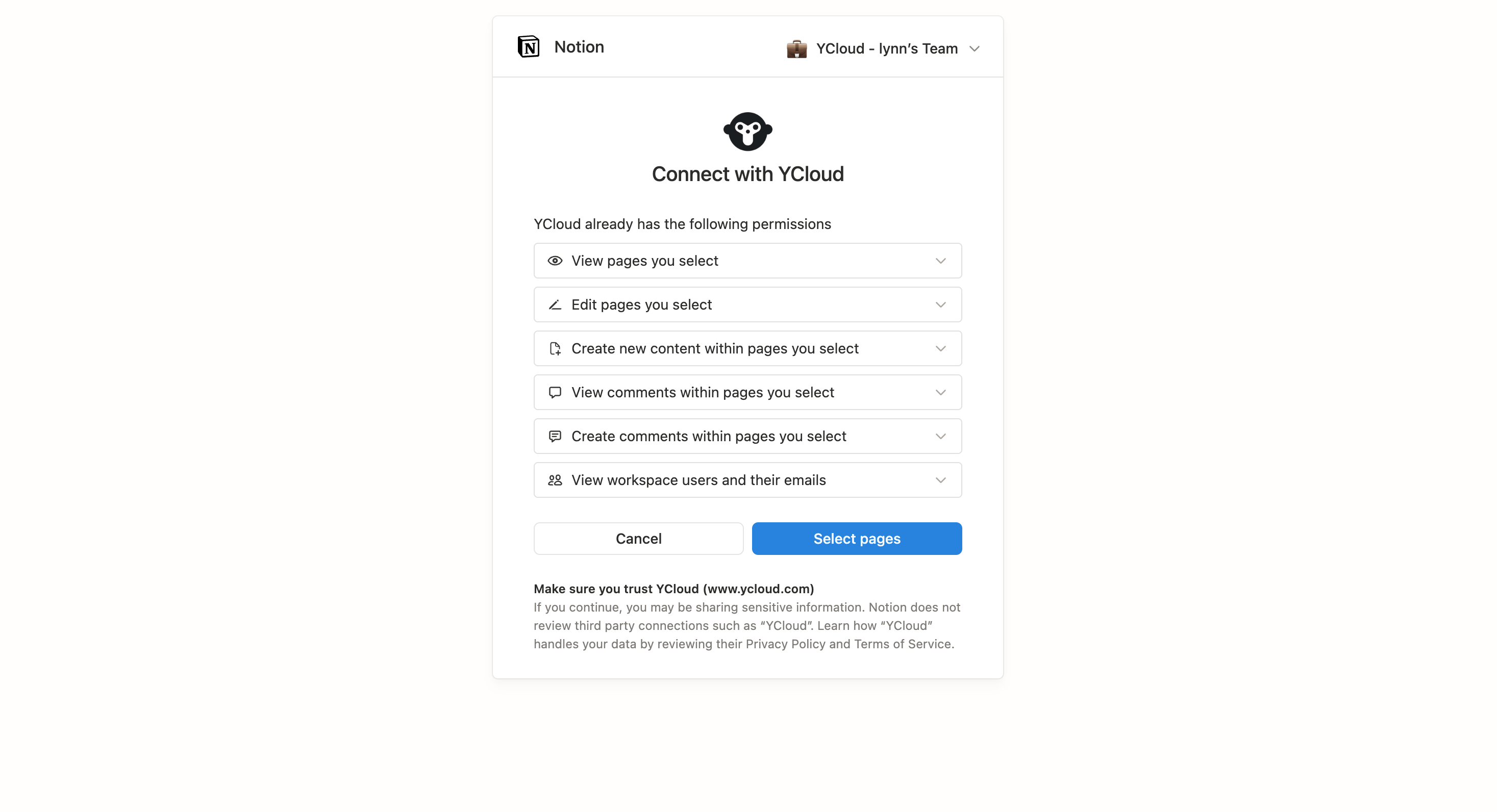 Notion Connect with YCloud authorization page showing the requested permissions and Select pages button.