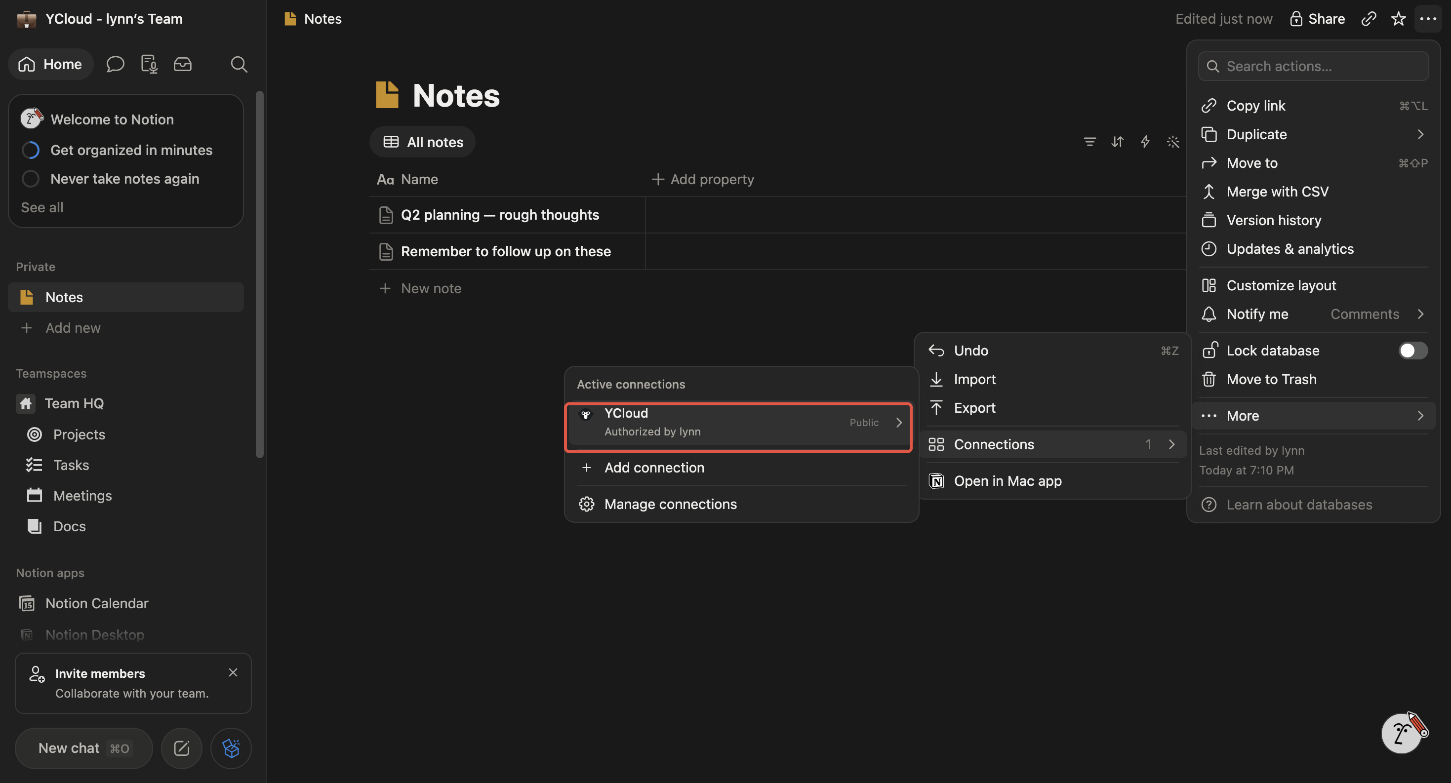 Notion page menu showing the More, Connections, and YCloud path.