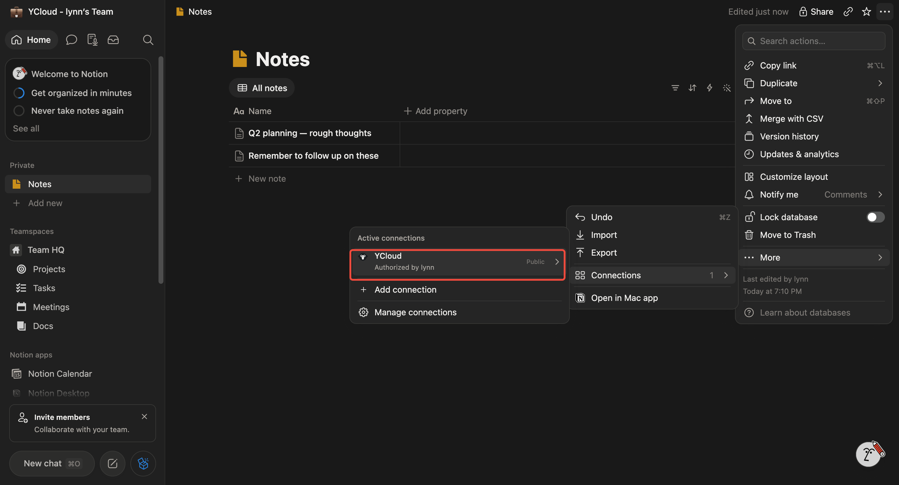Notion page menu showing the More, Connections, and YCloud path.