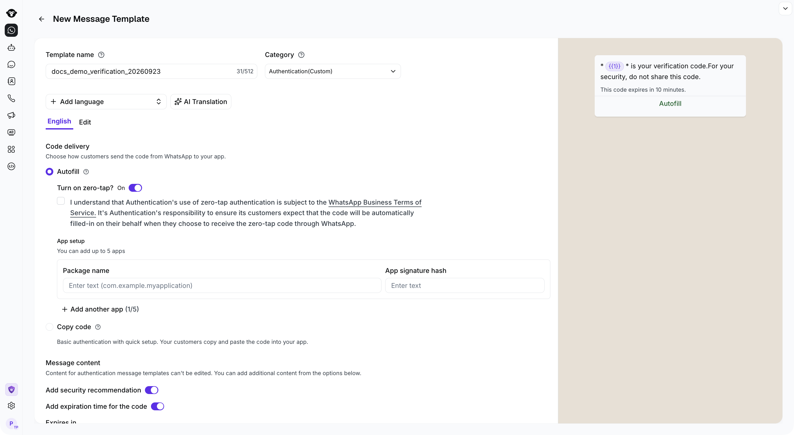 Editor completo de autenticación que muestra la configuración de Zero-tap y de la app