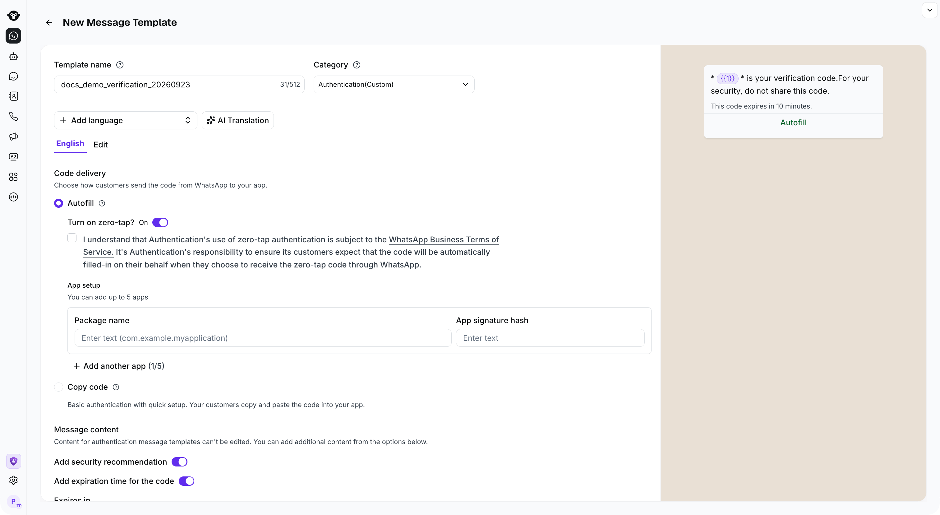 Full authentication editor showing Zero-tap and app setup
