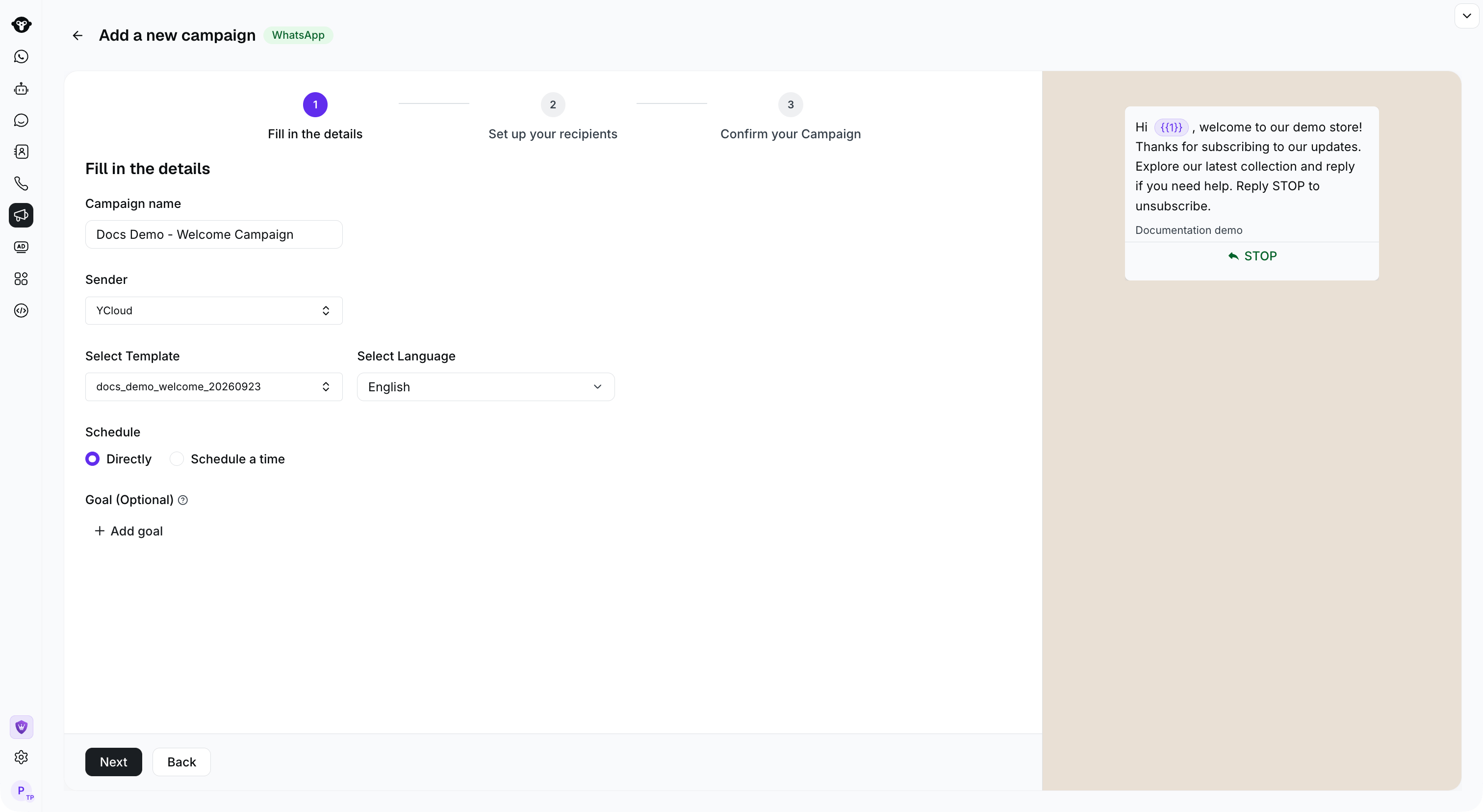Campaign details with the welcome template selected.