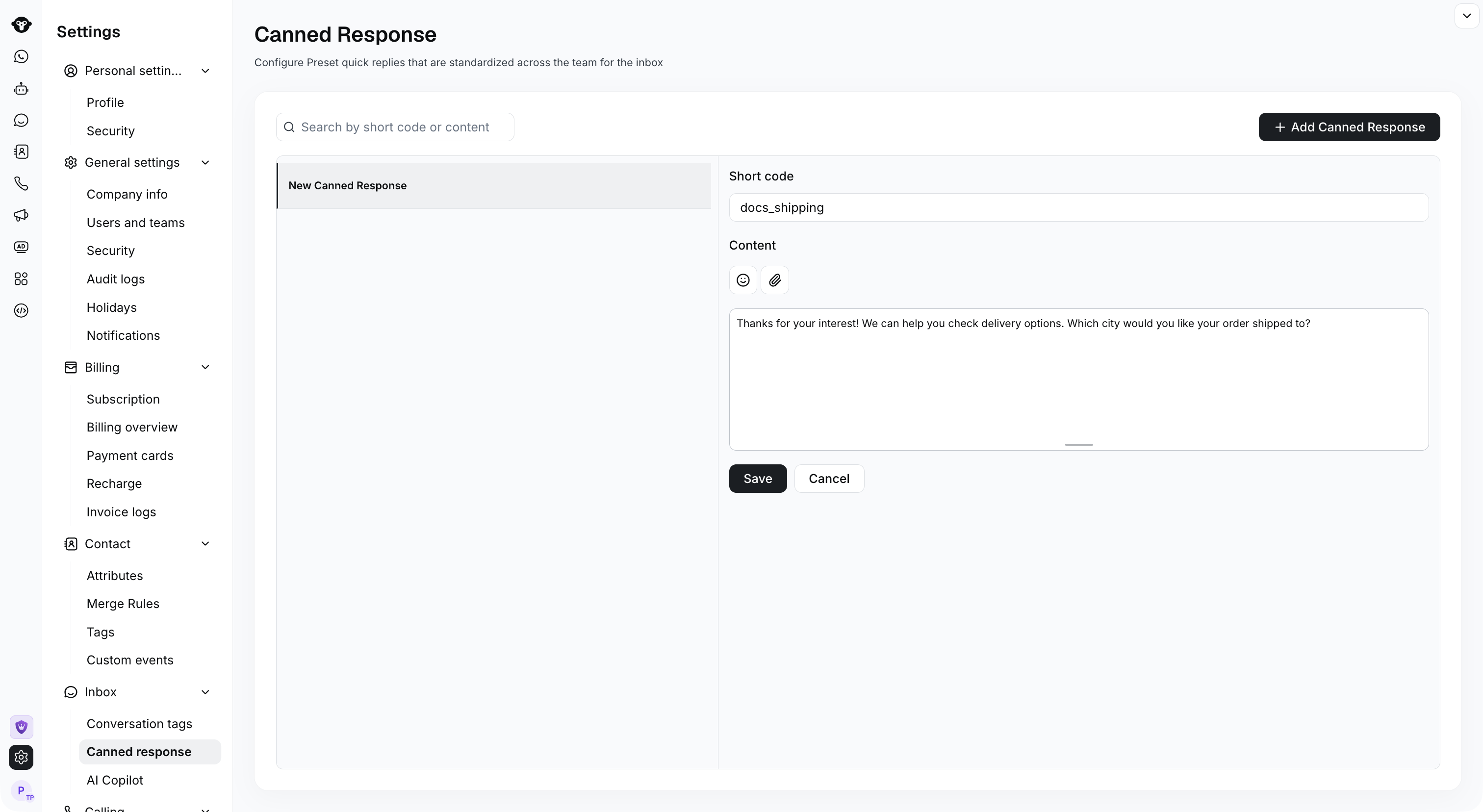 Full canned response editor containing the docs_shipping short code and reply text.