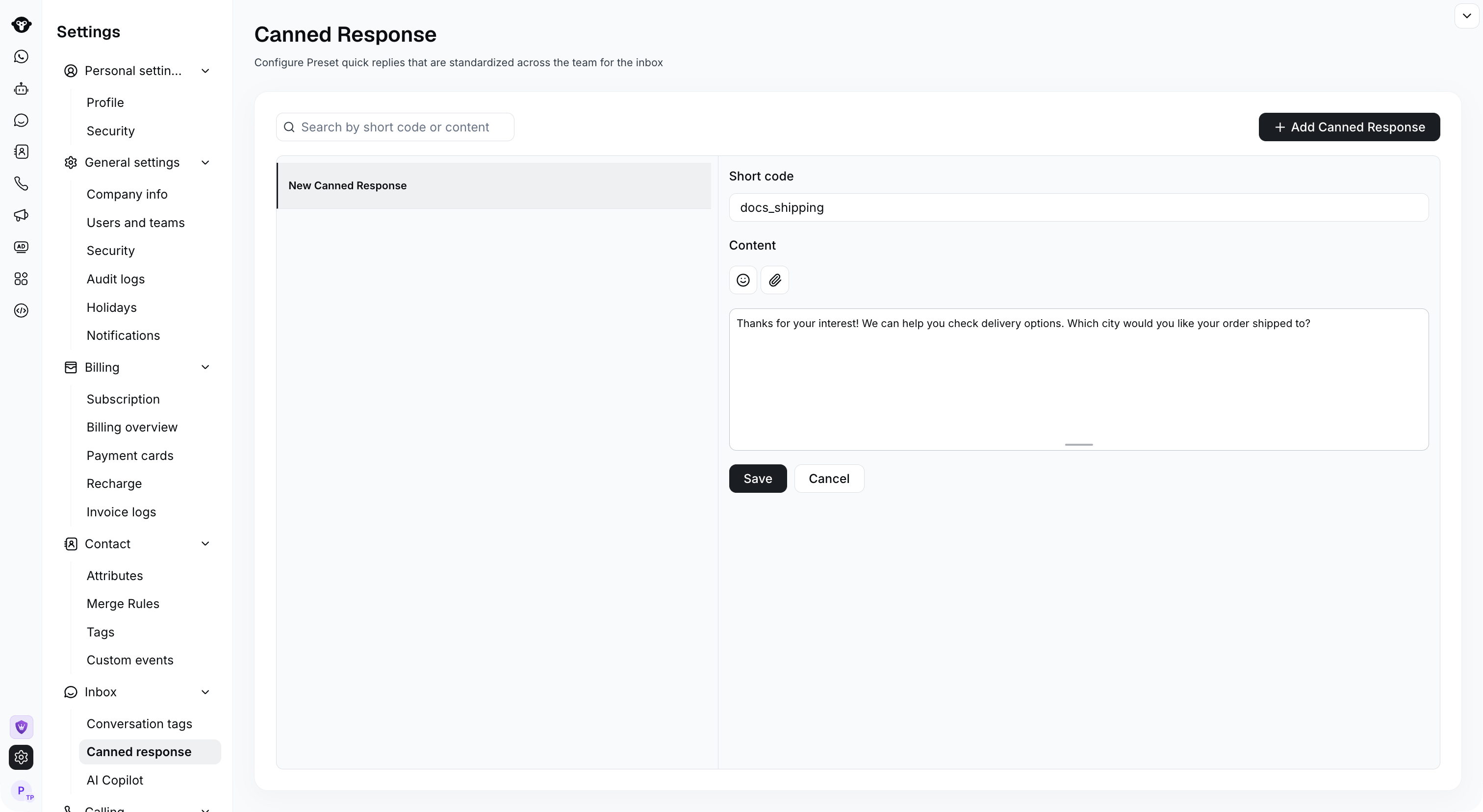 Full canned response editor containing the docs_shipping short code and reply text.