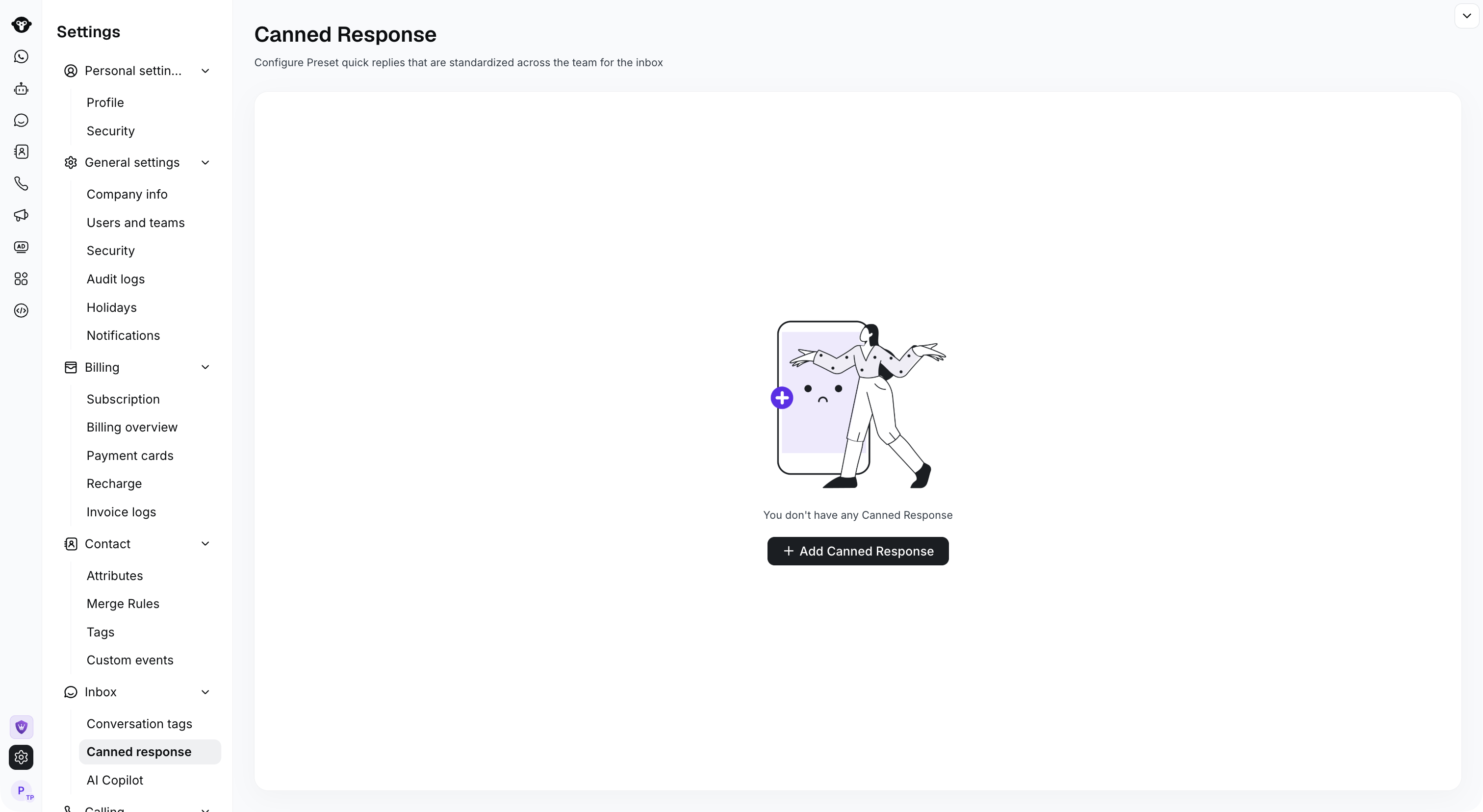 Full Settings Inbox Canned response page with Add Canned Response.
