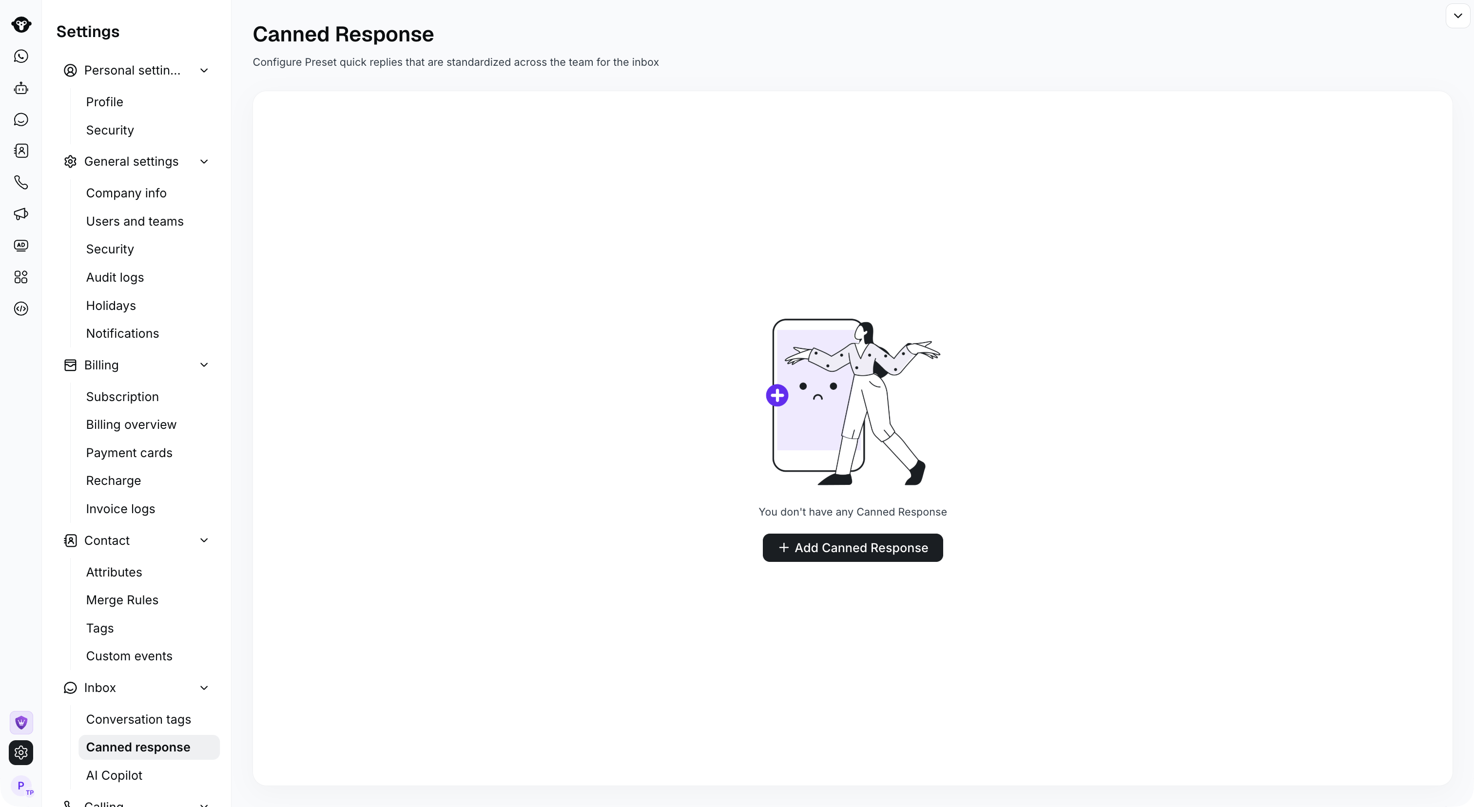 Full Settings Inbox Canned response page with Add Canned Response.