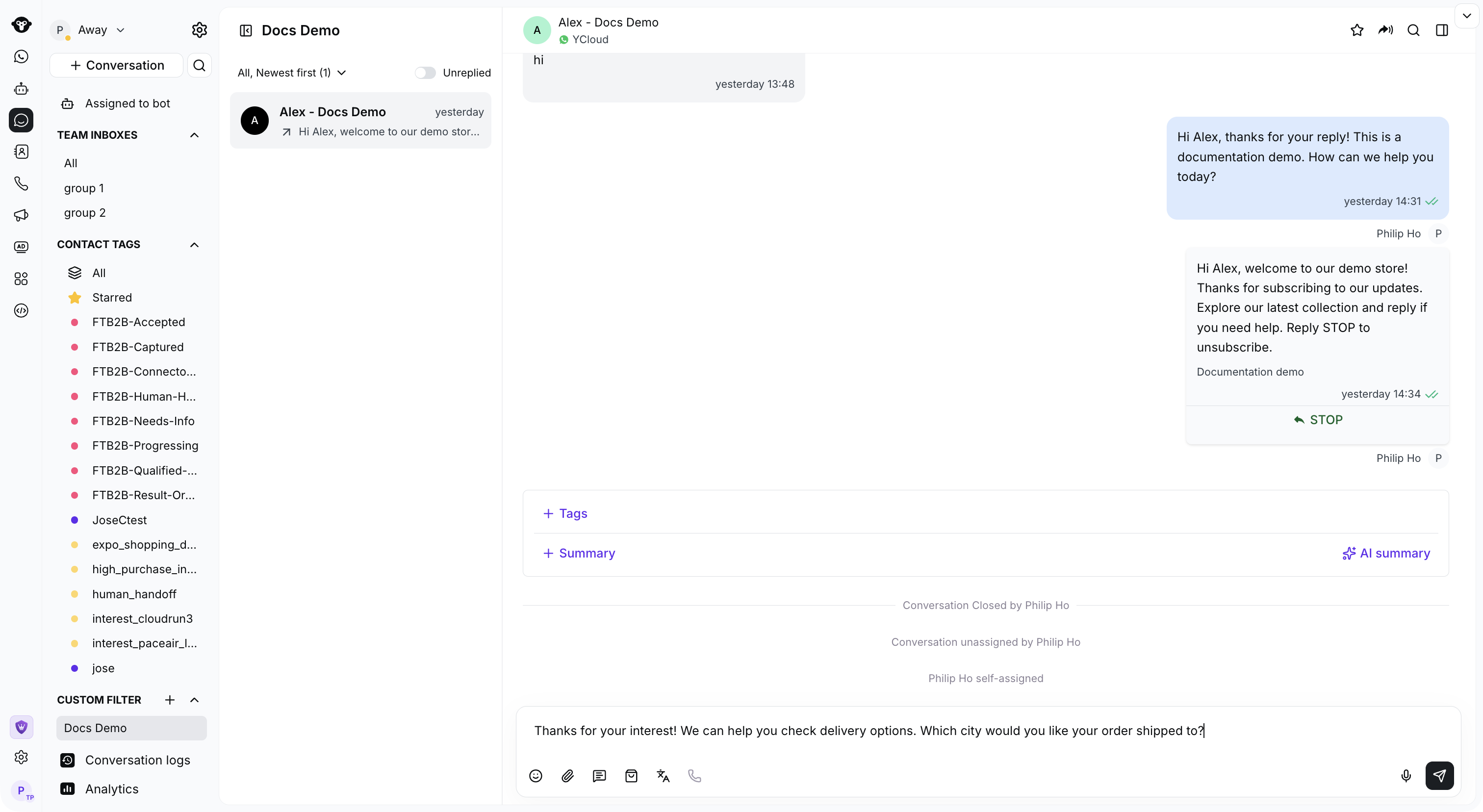 The selected canned response inserted into the Inbox composer without sending.