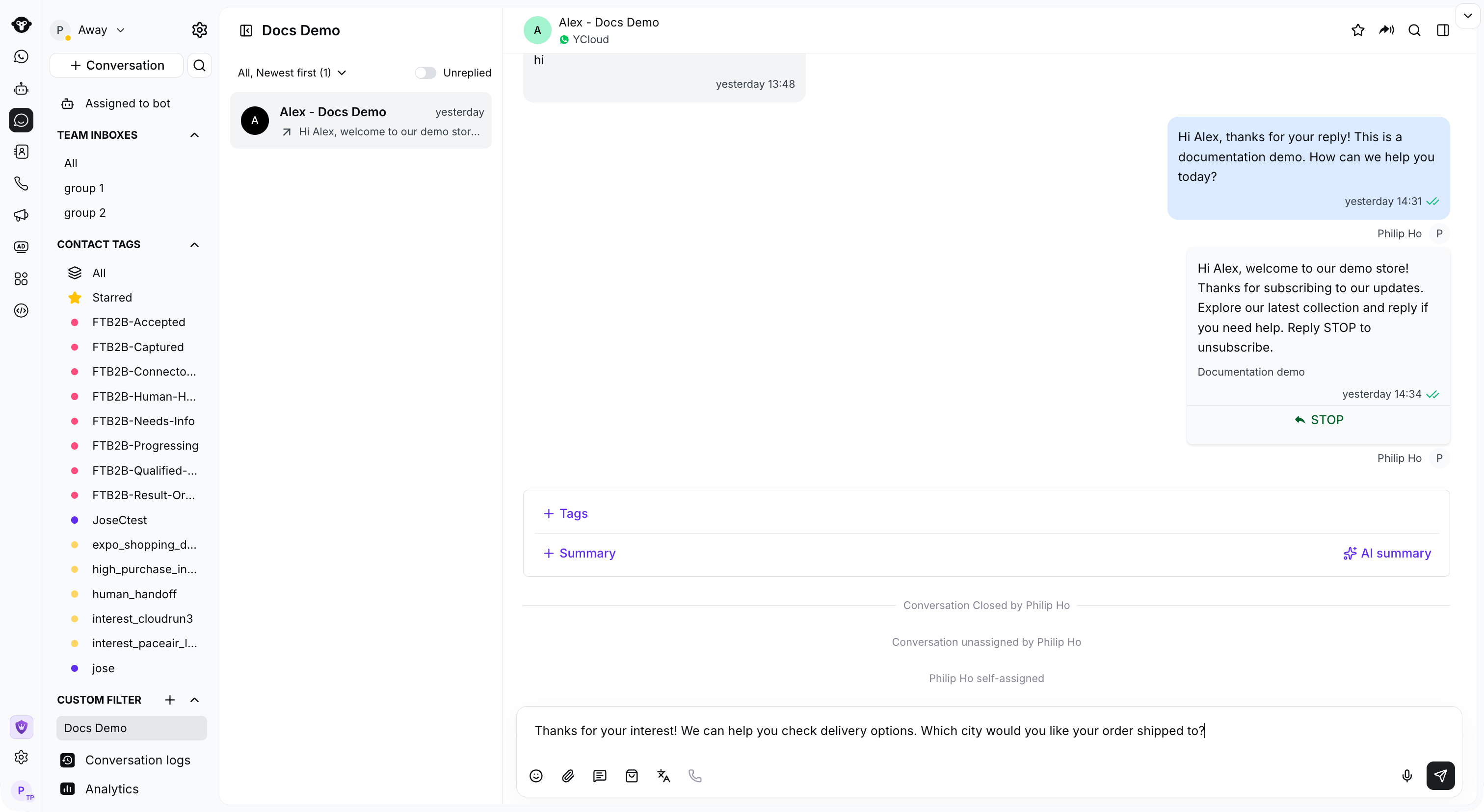 The selected canned response inserted into the Inbox composer without sending.