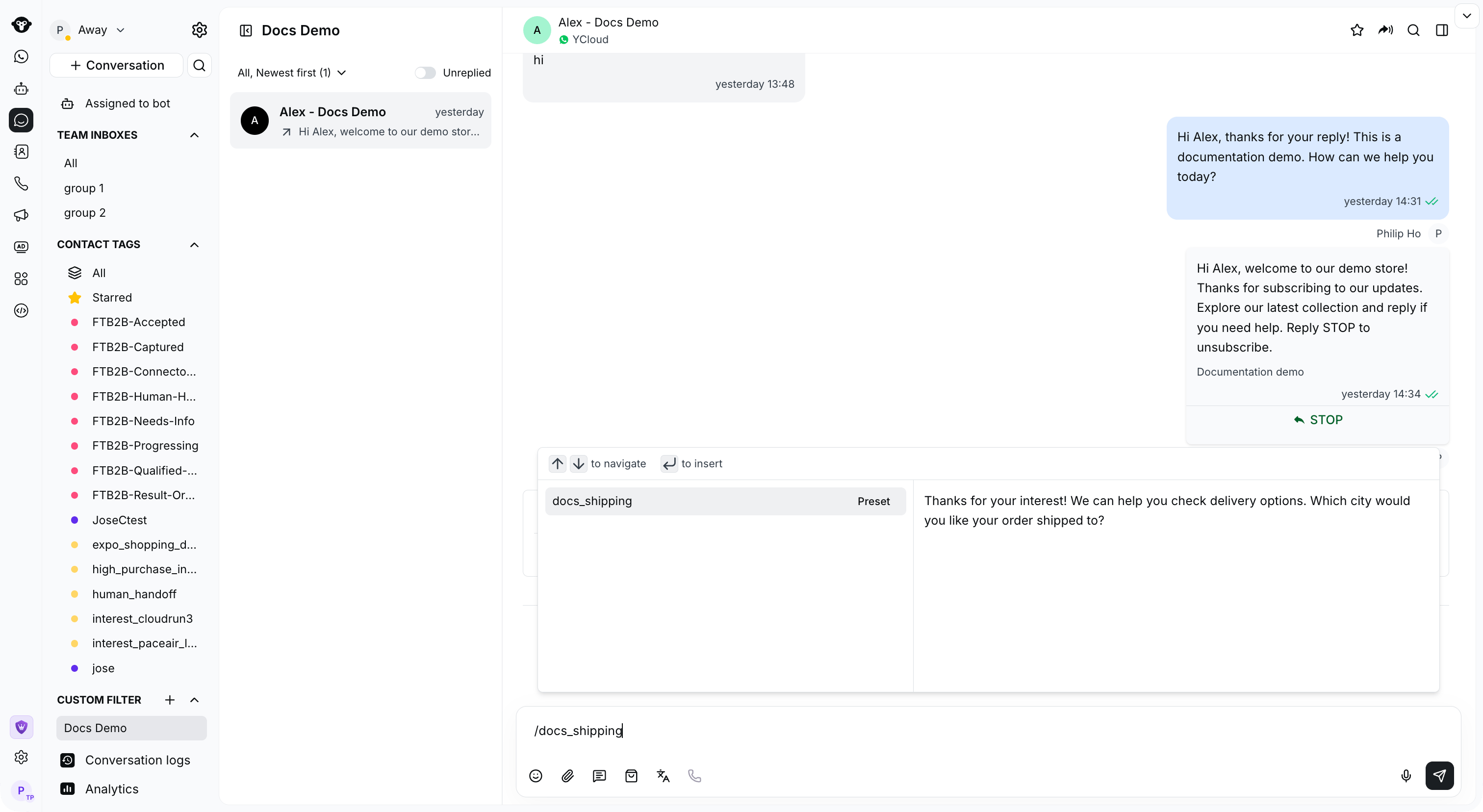 Full Inbox showing the docs_shipping preset and its preview above the composer.
