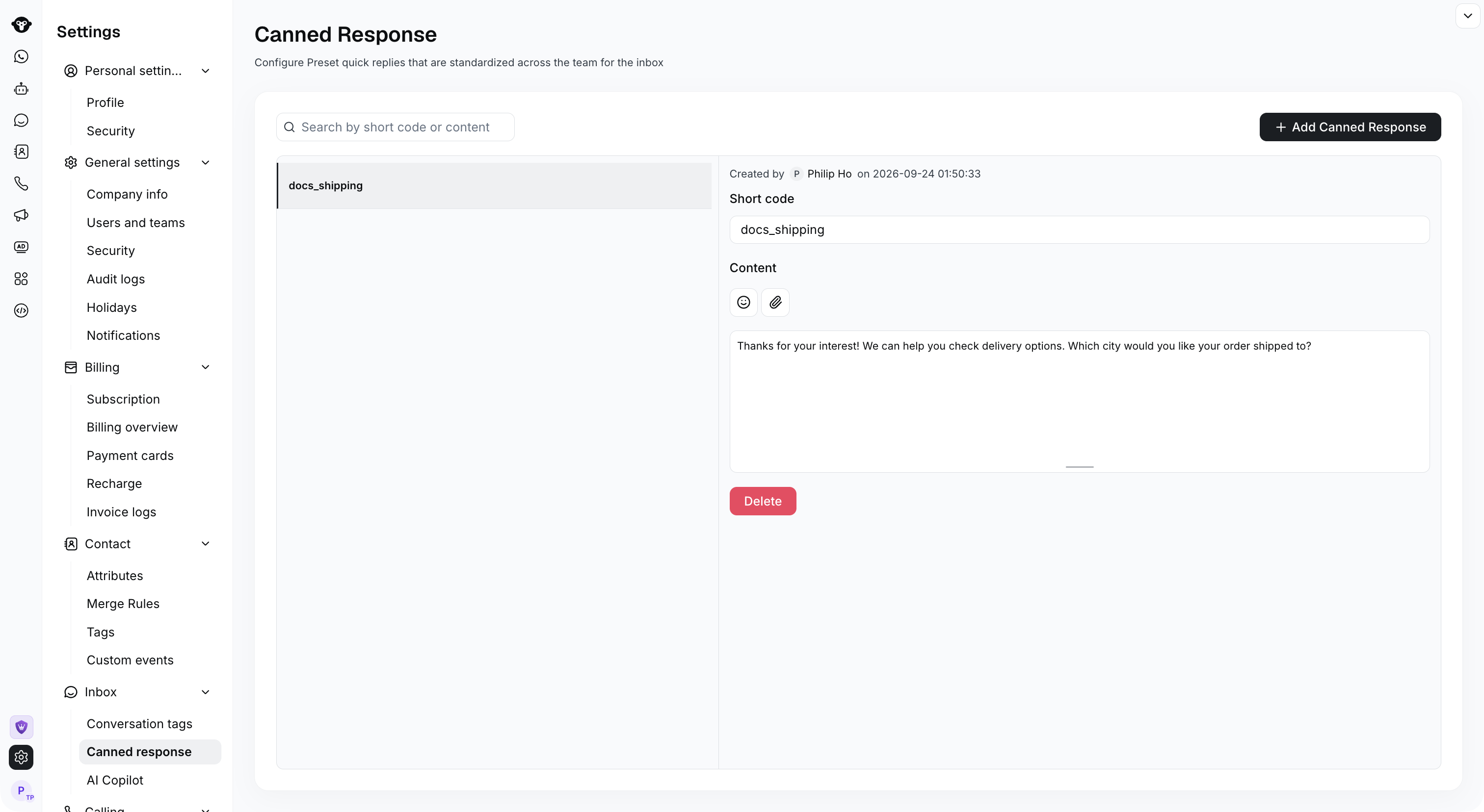 Saved docs_shipping canned response with creator and creation time.