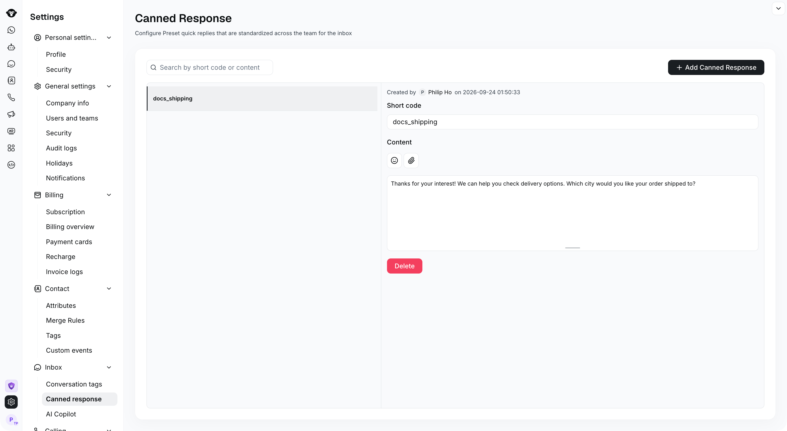 Saved docs_shipping canned response with creator and creation time.
