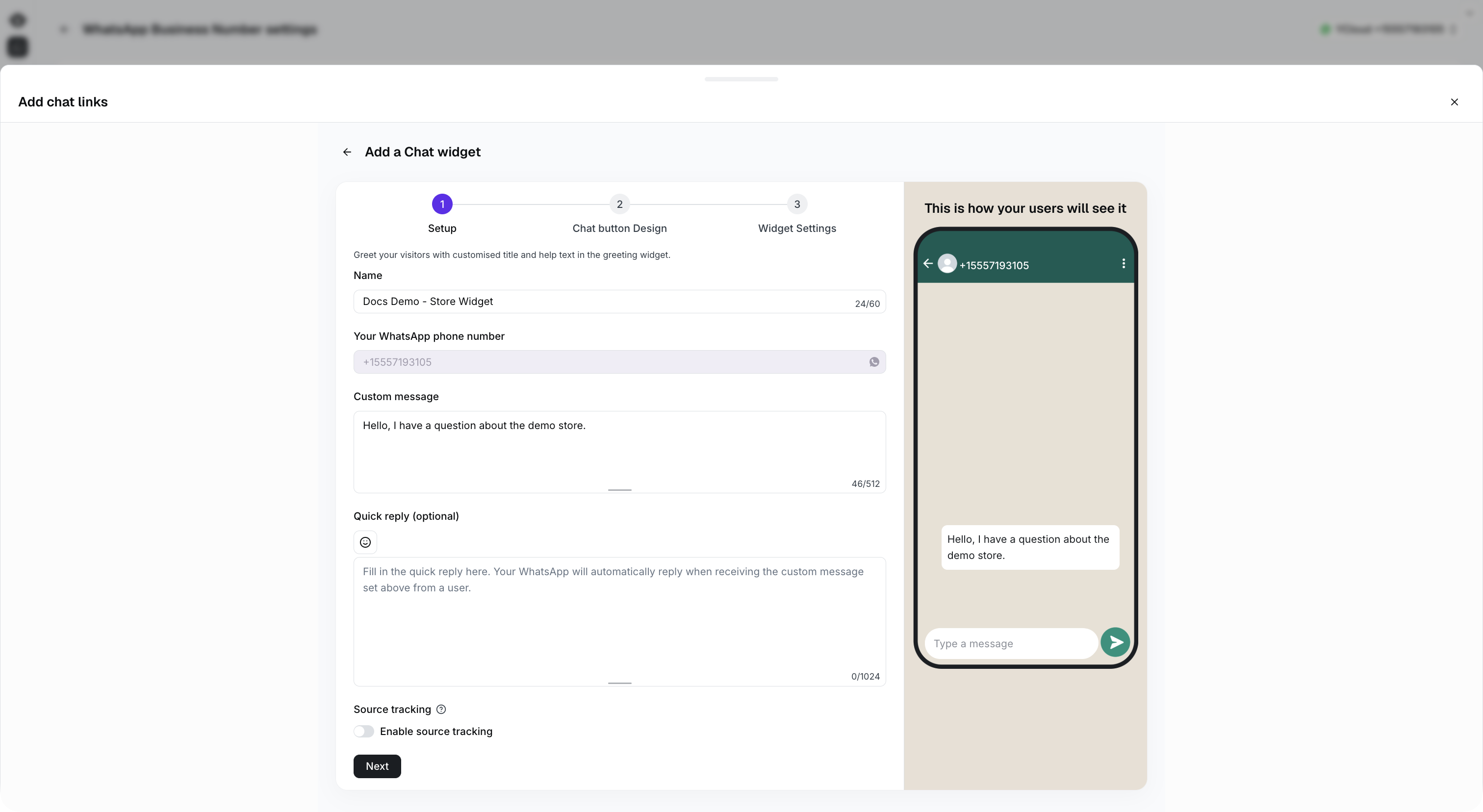Configuración completa del widget de chat con el ejemplo de Widget de la tienda y la vista previa de WhatsApp.
