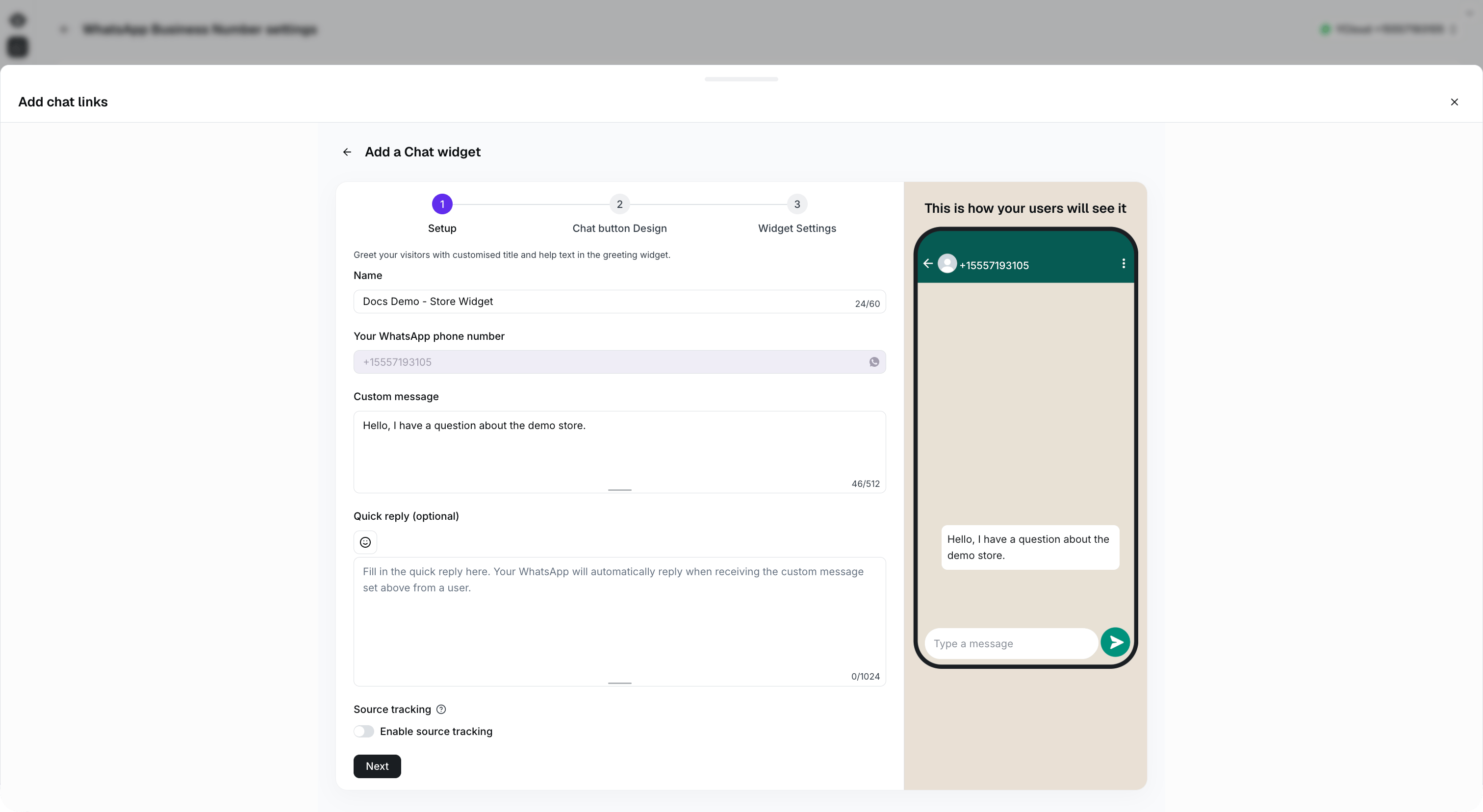 Full Chat widget setup with the Store Widget example and WhatsApp preview.