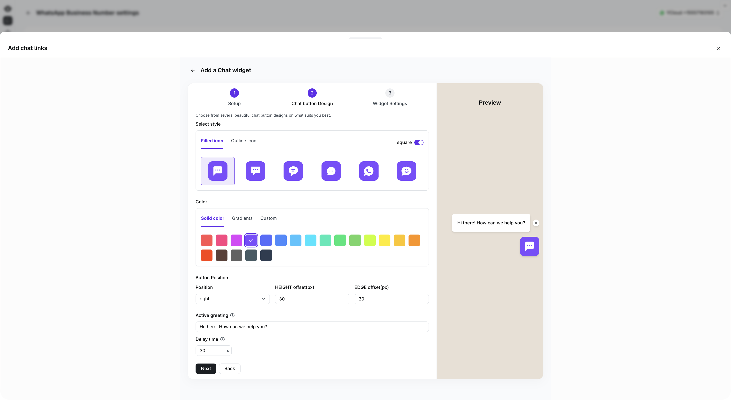 Paso de diseño completo del botón de chat con icono, color, posición, saludo y vista previa.