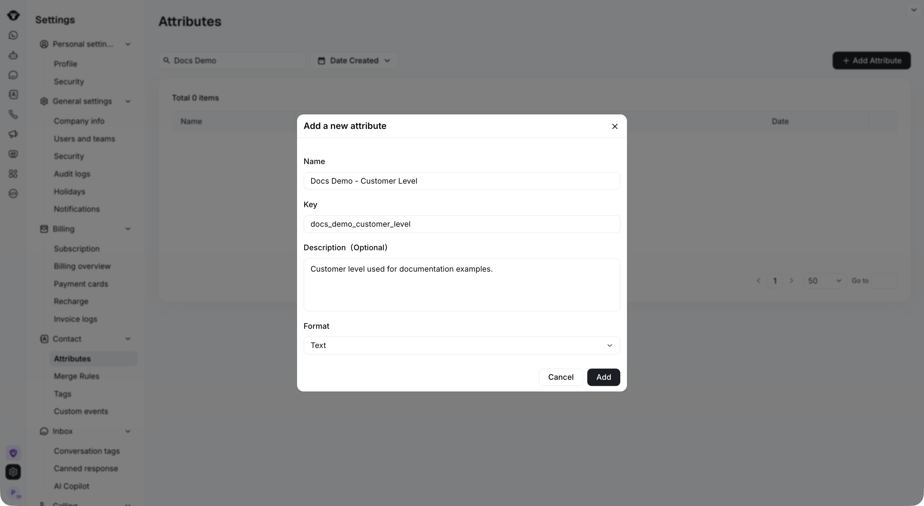 Página completa de Atributos de configuración detrás del formulario Añadir un nuevo atributo.