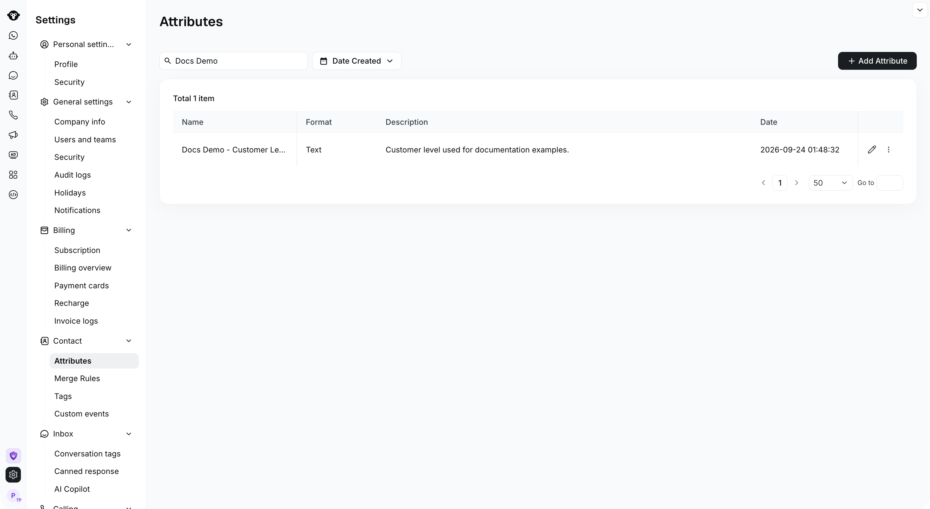 The saved custom Text attribute in the full Settings Attributes page.