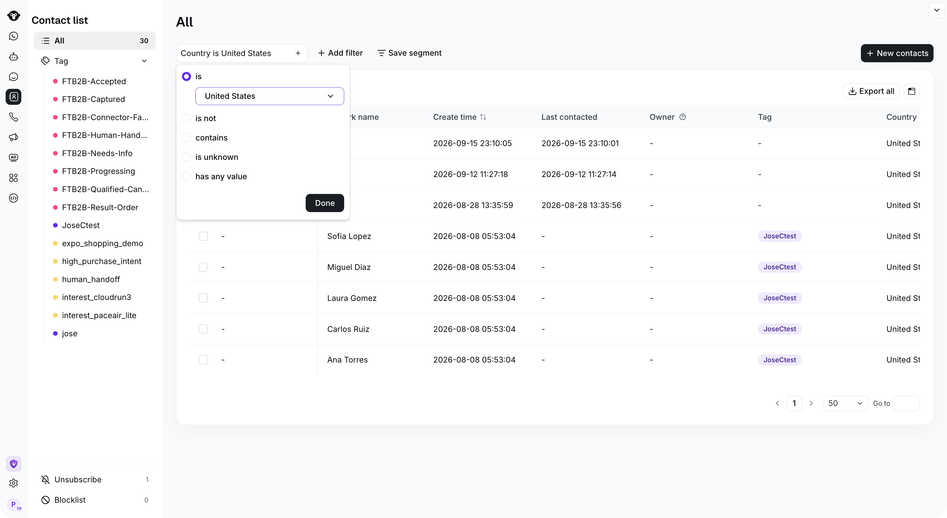 Country filter set to United States within the Contact list.
