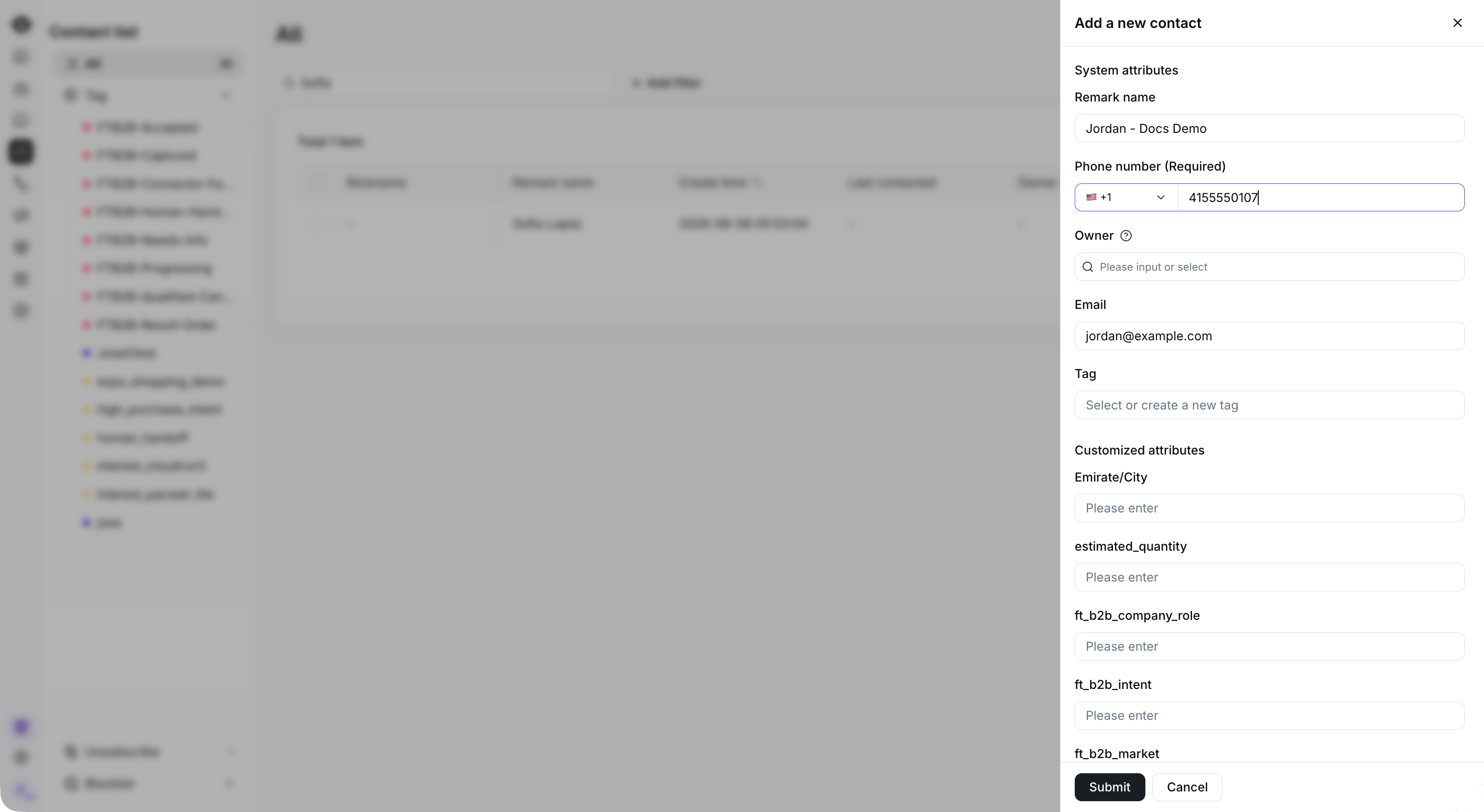 Full contact list with a new-contact form and reserved example details.