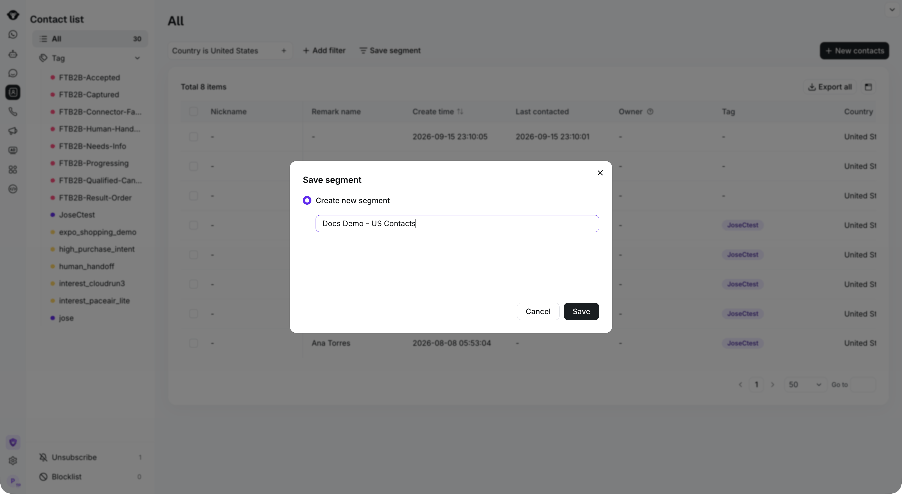 Save segment dialog with a descriptive example name and the filtered list behind it.