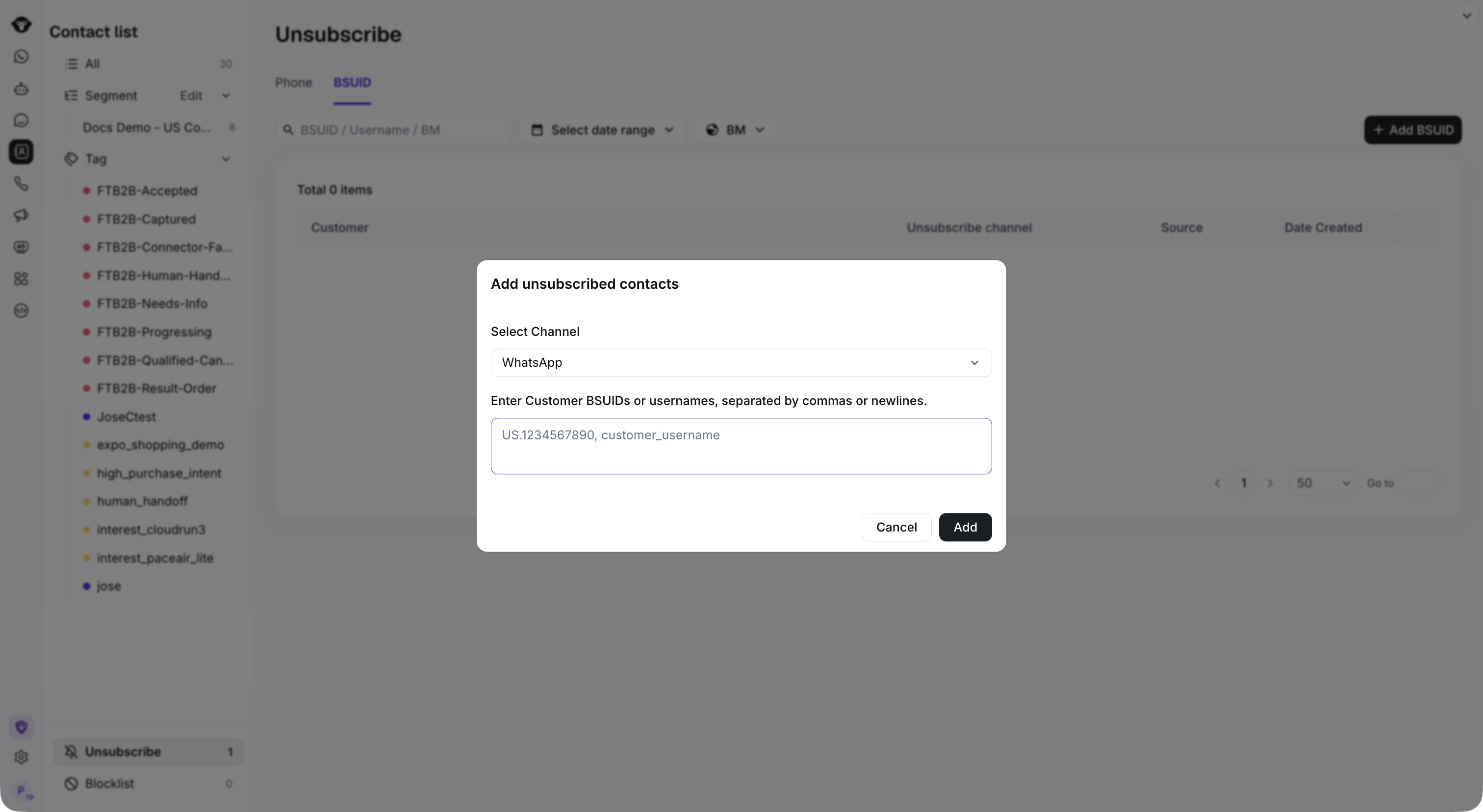 BSUID unsubscribe form over the full BSUID tab.