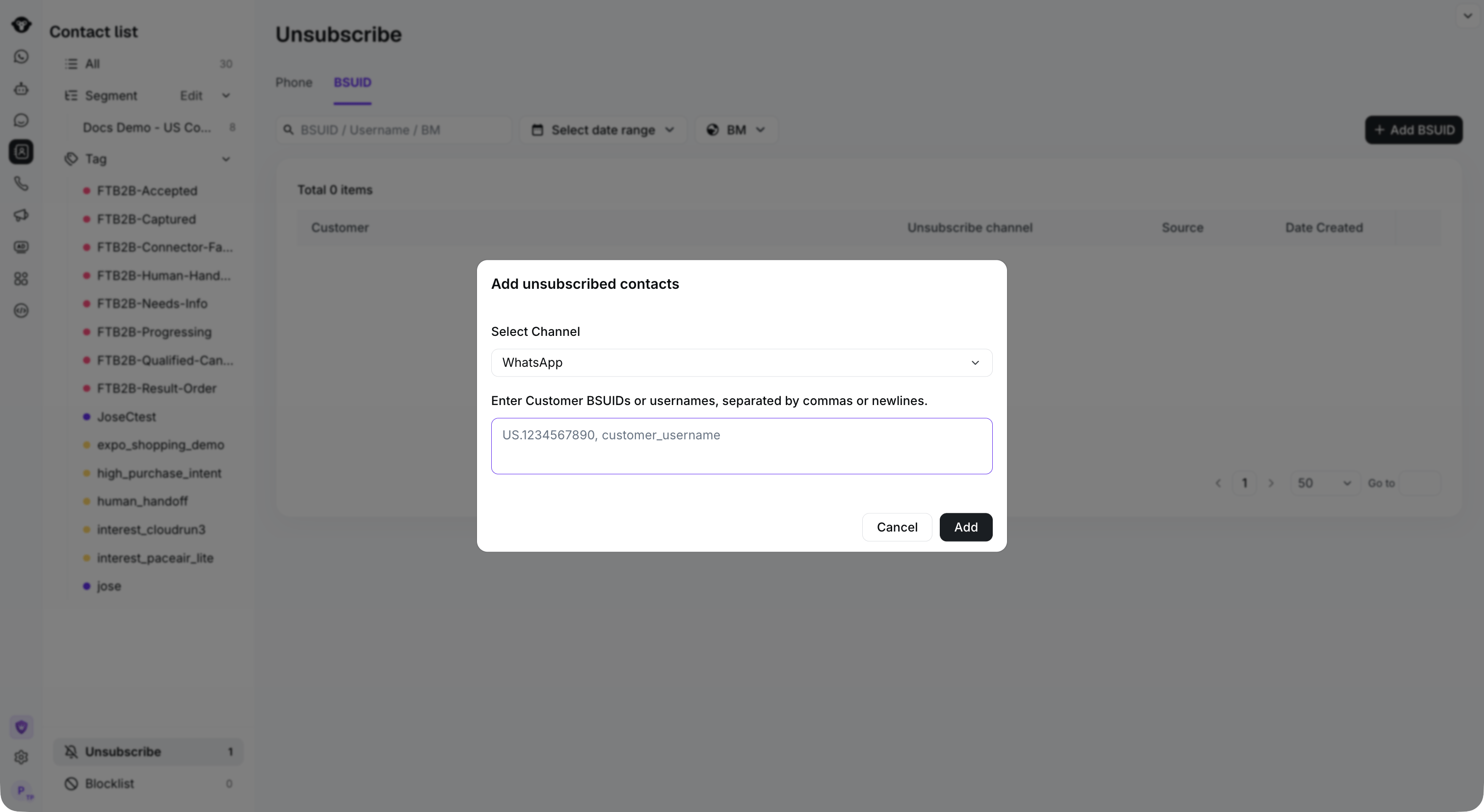 BSUID unsubscribe form over the full BSUID tab.
