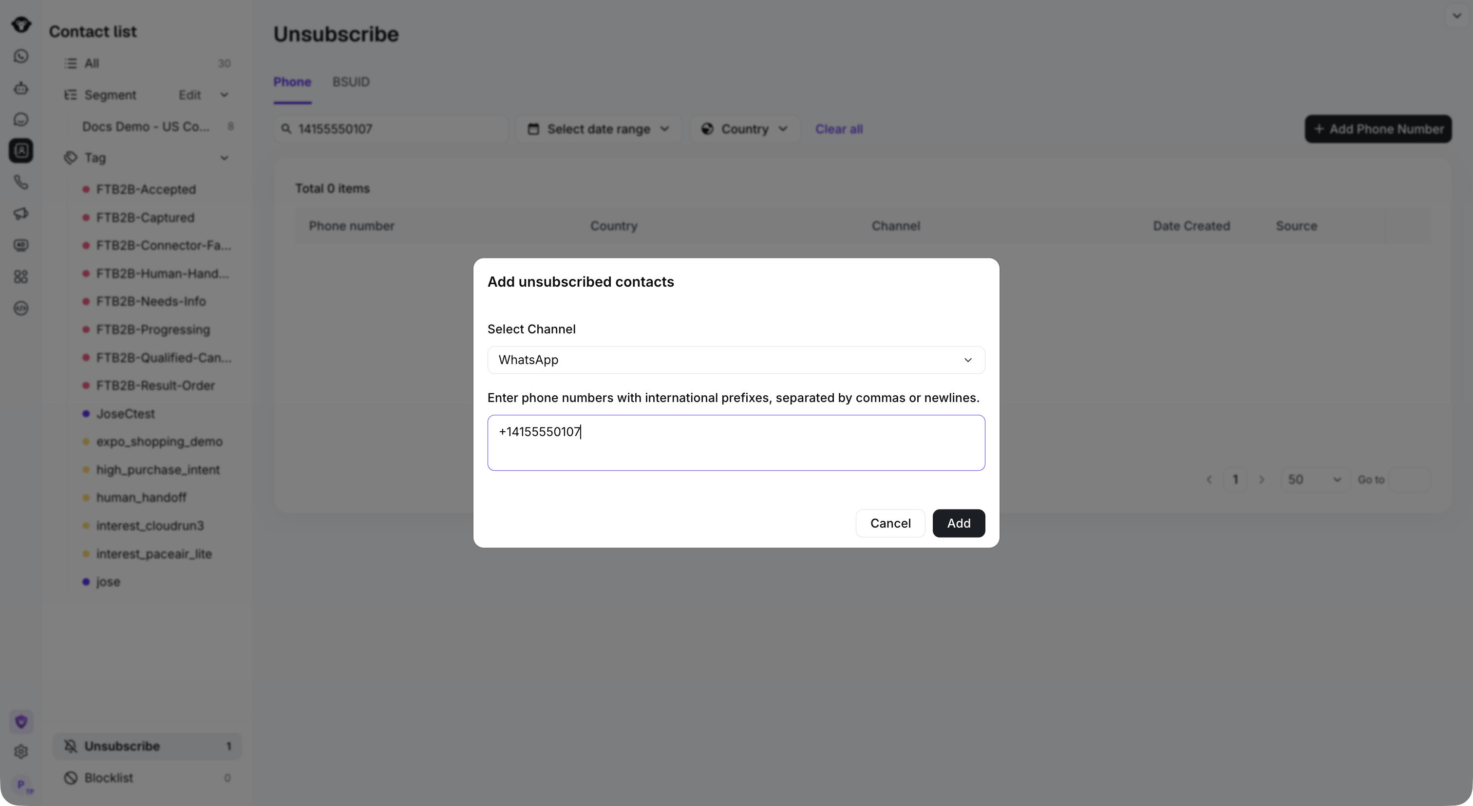 Phone-number unsubscribe form over the complete Unsubscribe workspace.