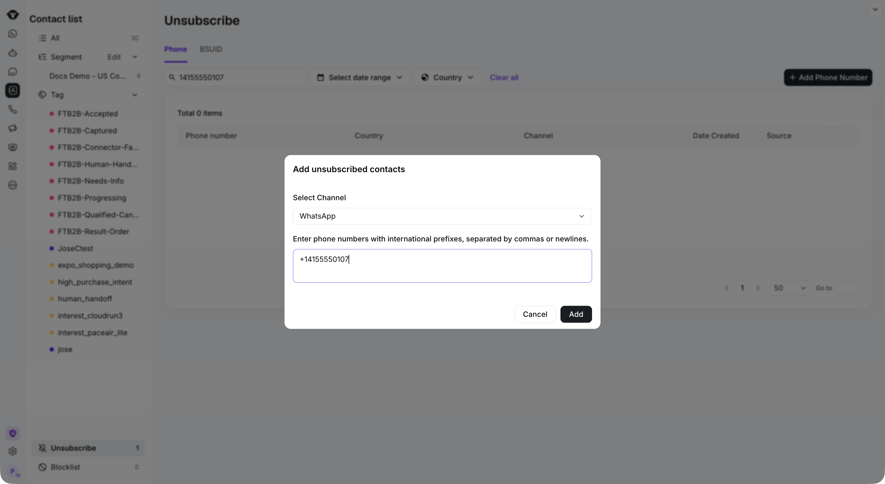 Phone-number unsubscribe form over the complete Unsubscribe workspace.