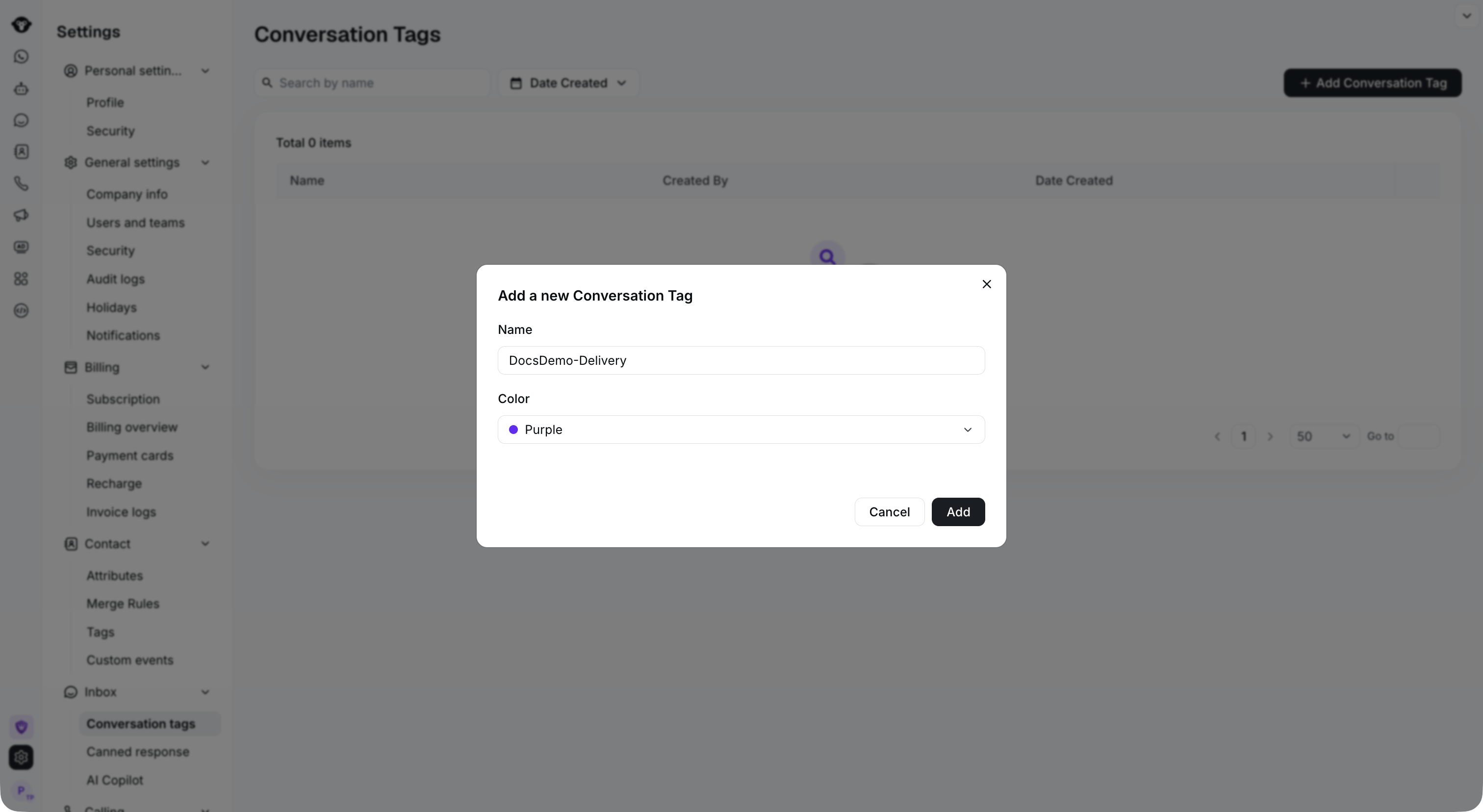 Full Conversation Tags settings page behind the creation form.