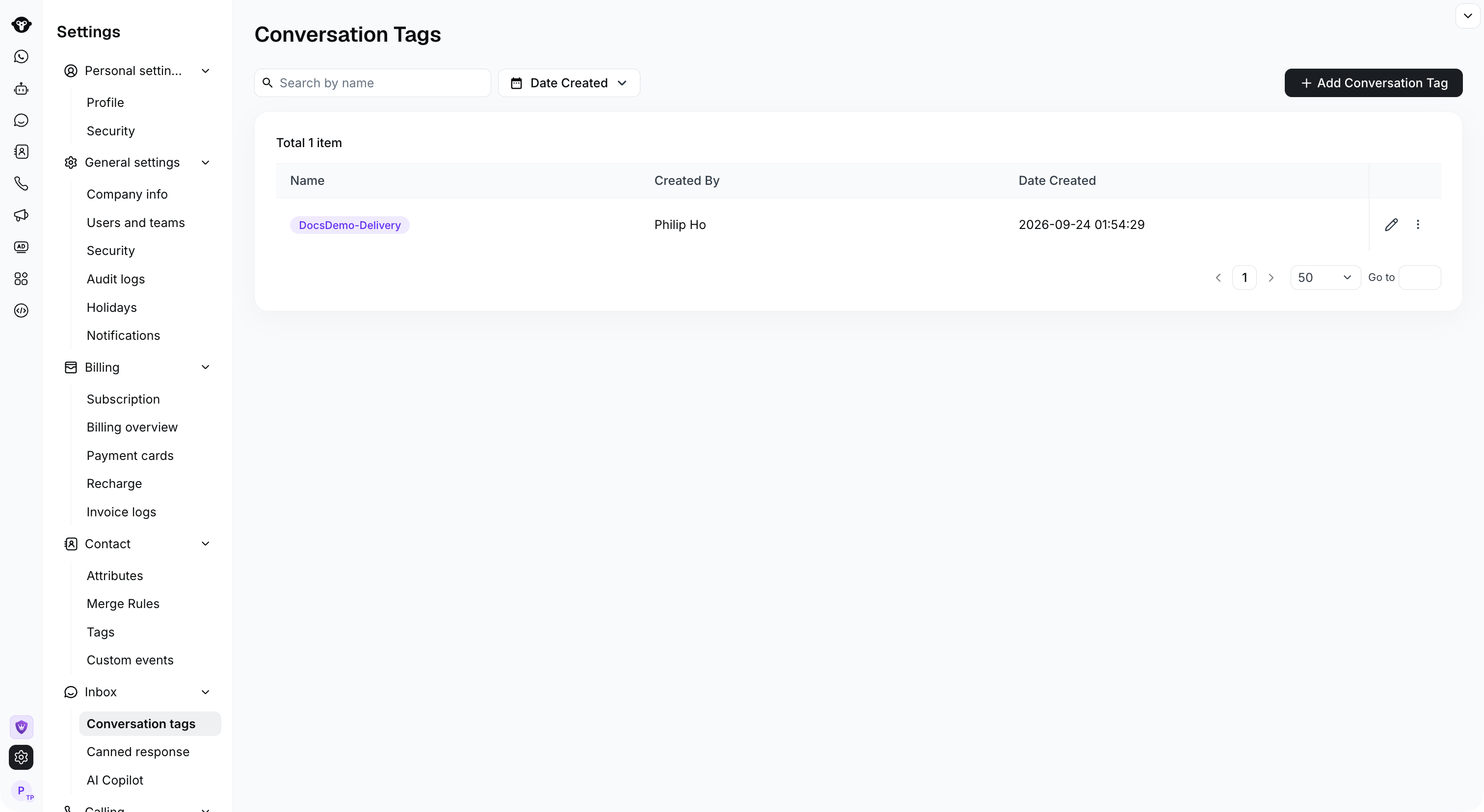 Full Settings Inbox Conversation tags page.
