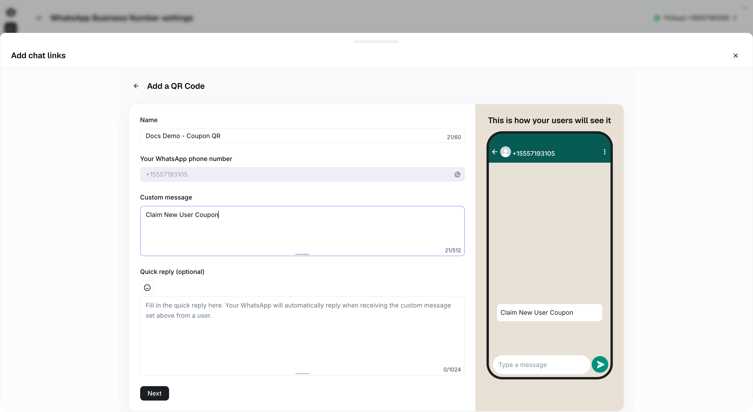 QR code configuration using Claim New User Coupon as the custom message