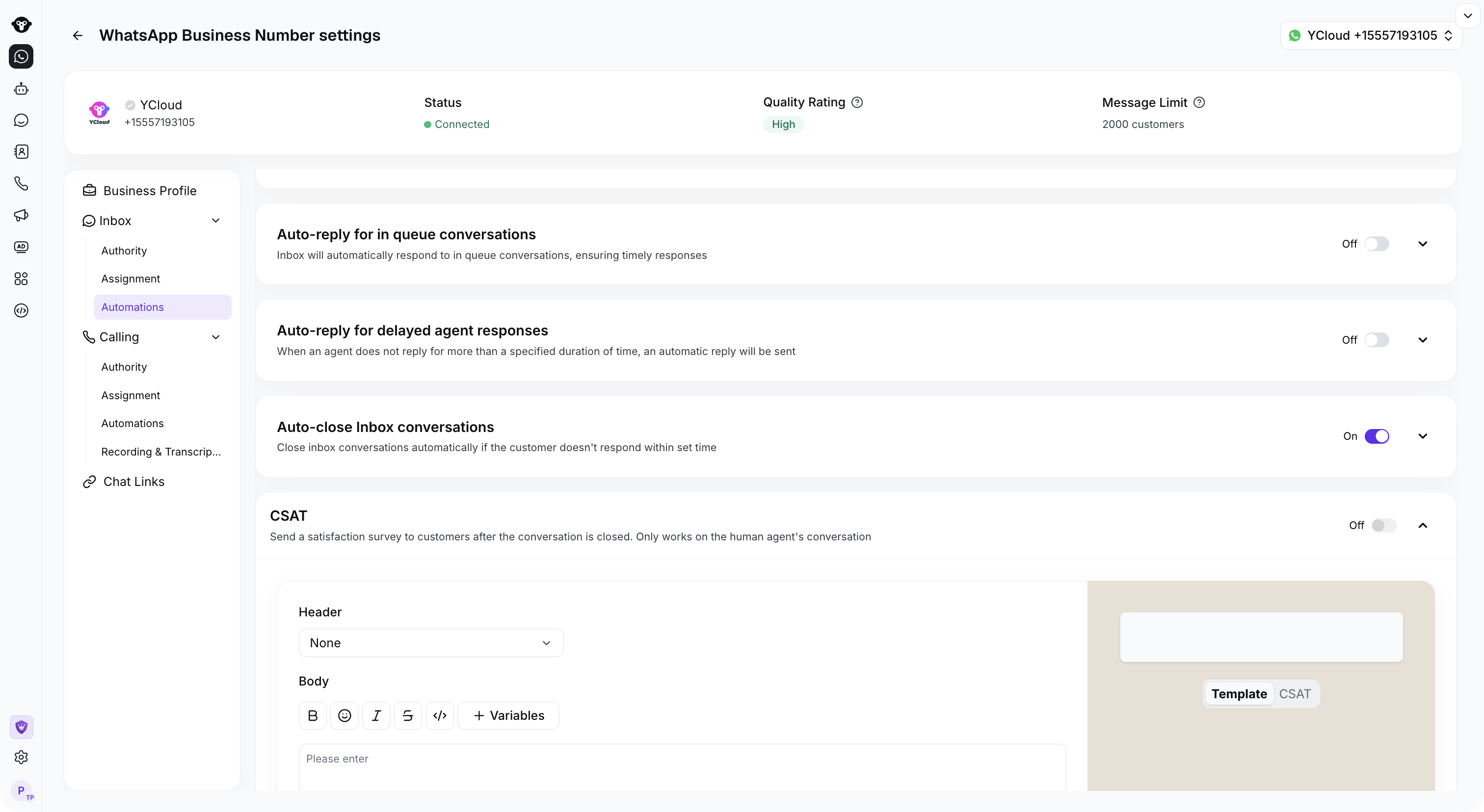 Ubicación de CSAT en Inbox Automations del número
