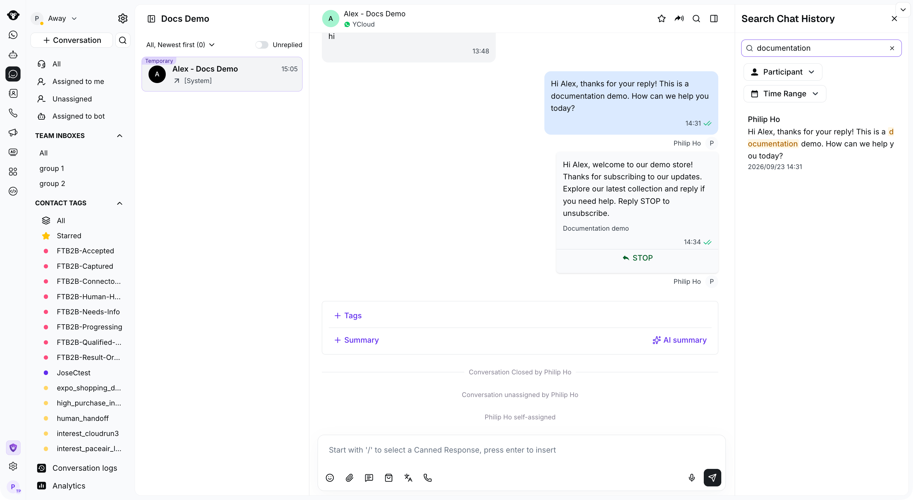 Search Chat History panel with a matching demonstration reply