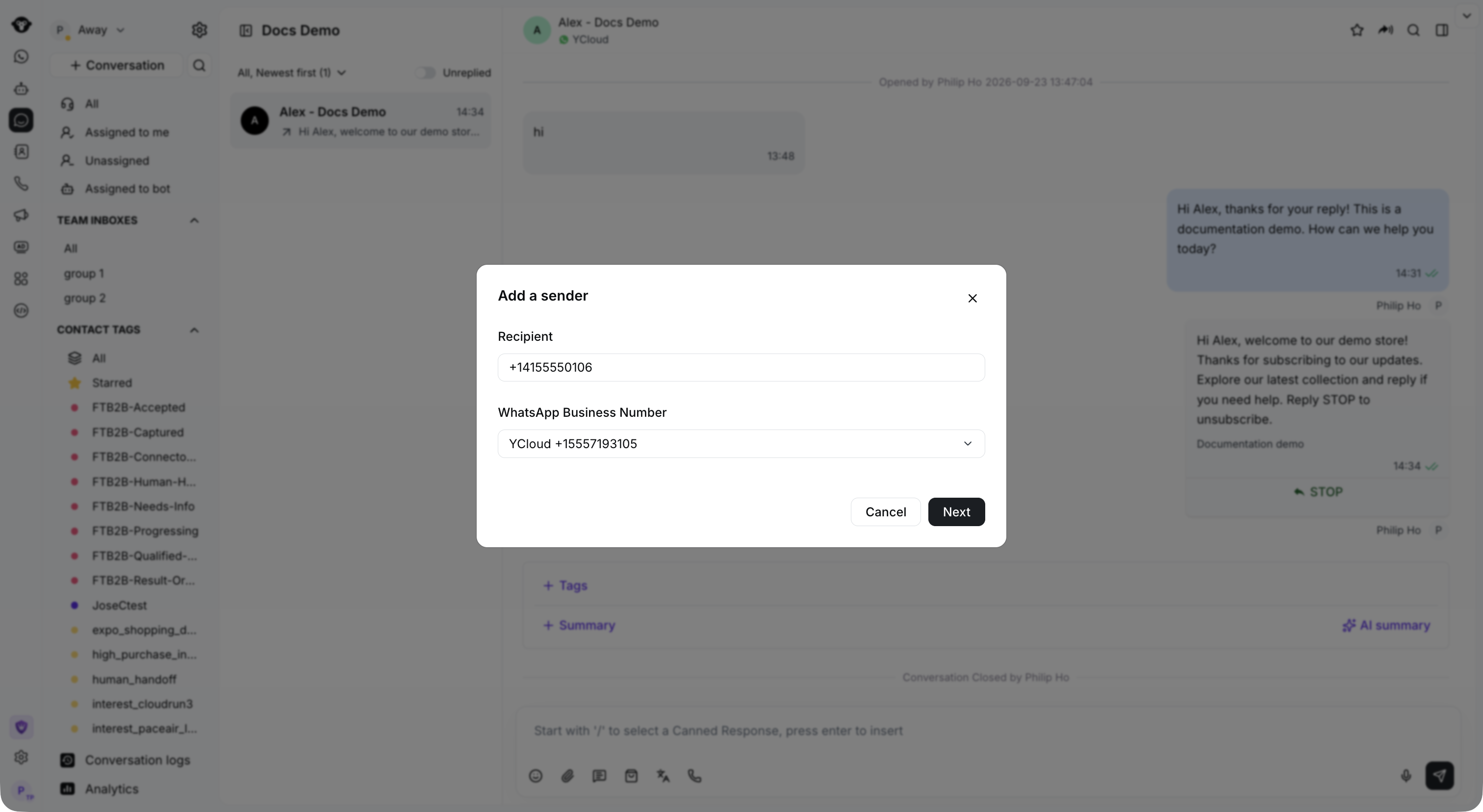 包含收件人和 WhatsApp Business 号码对话框的完整 Inbox