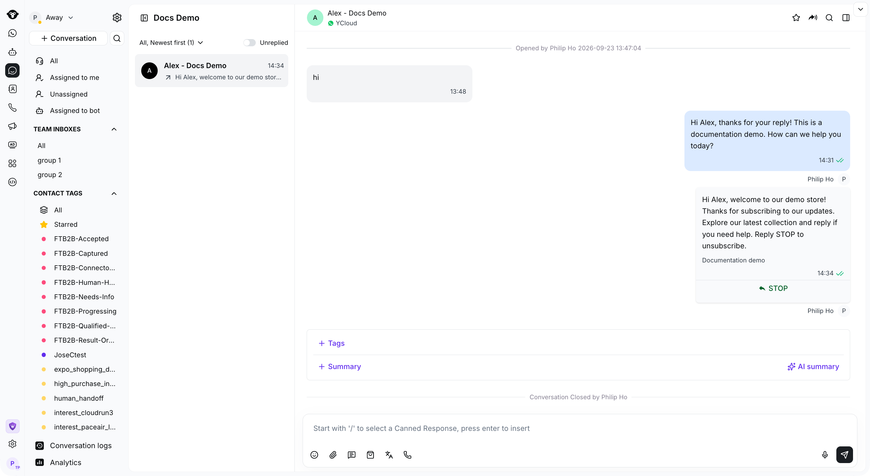 Full Inbox workspace showing the agent's Away status beside the profile in the upper-left corner.