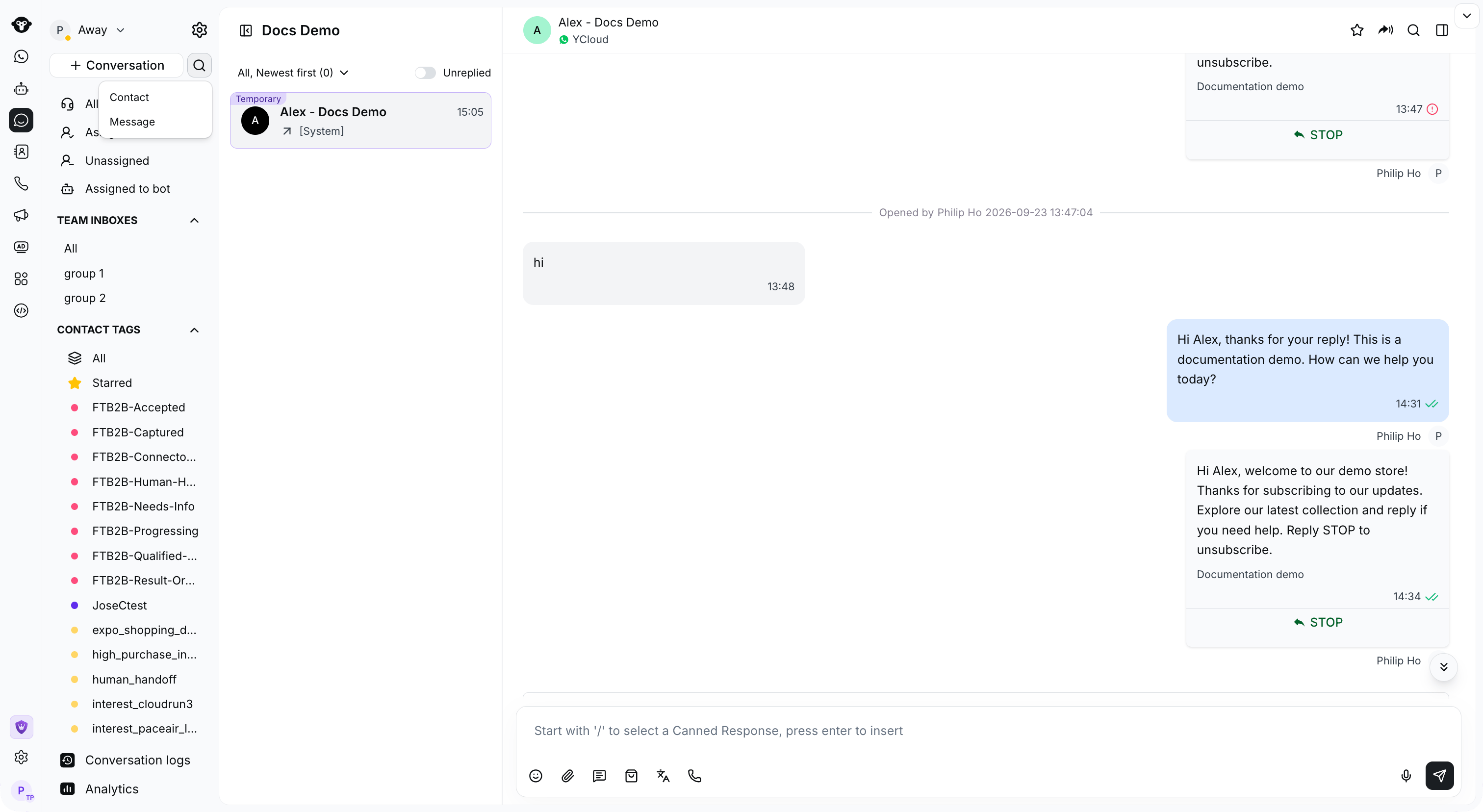 Inbox Contact and Message search menu