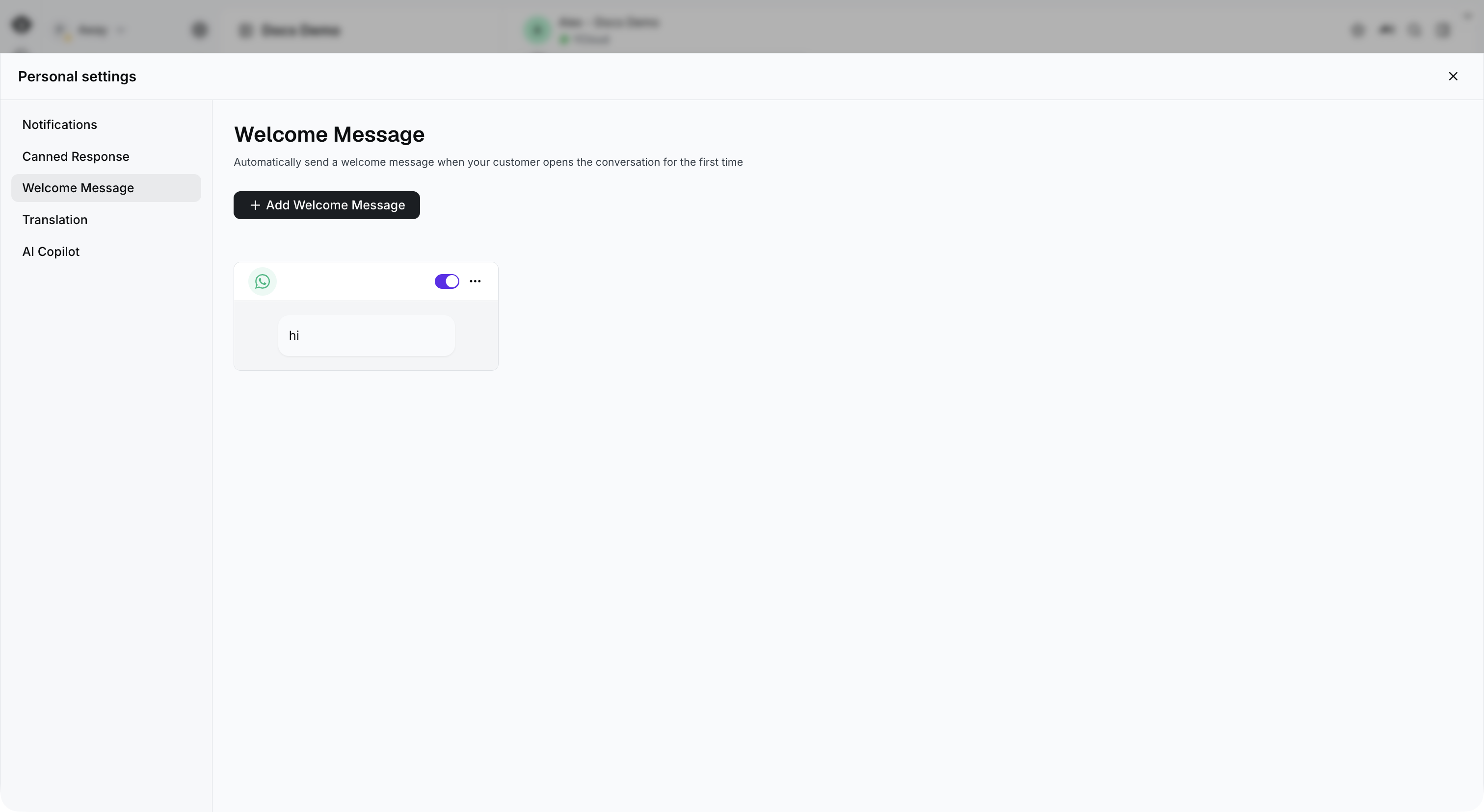 Sección Welcome Message en el panel completo de Personal settings de Inbox.