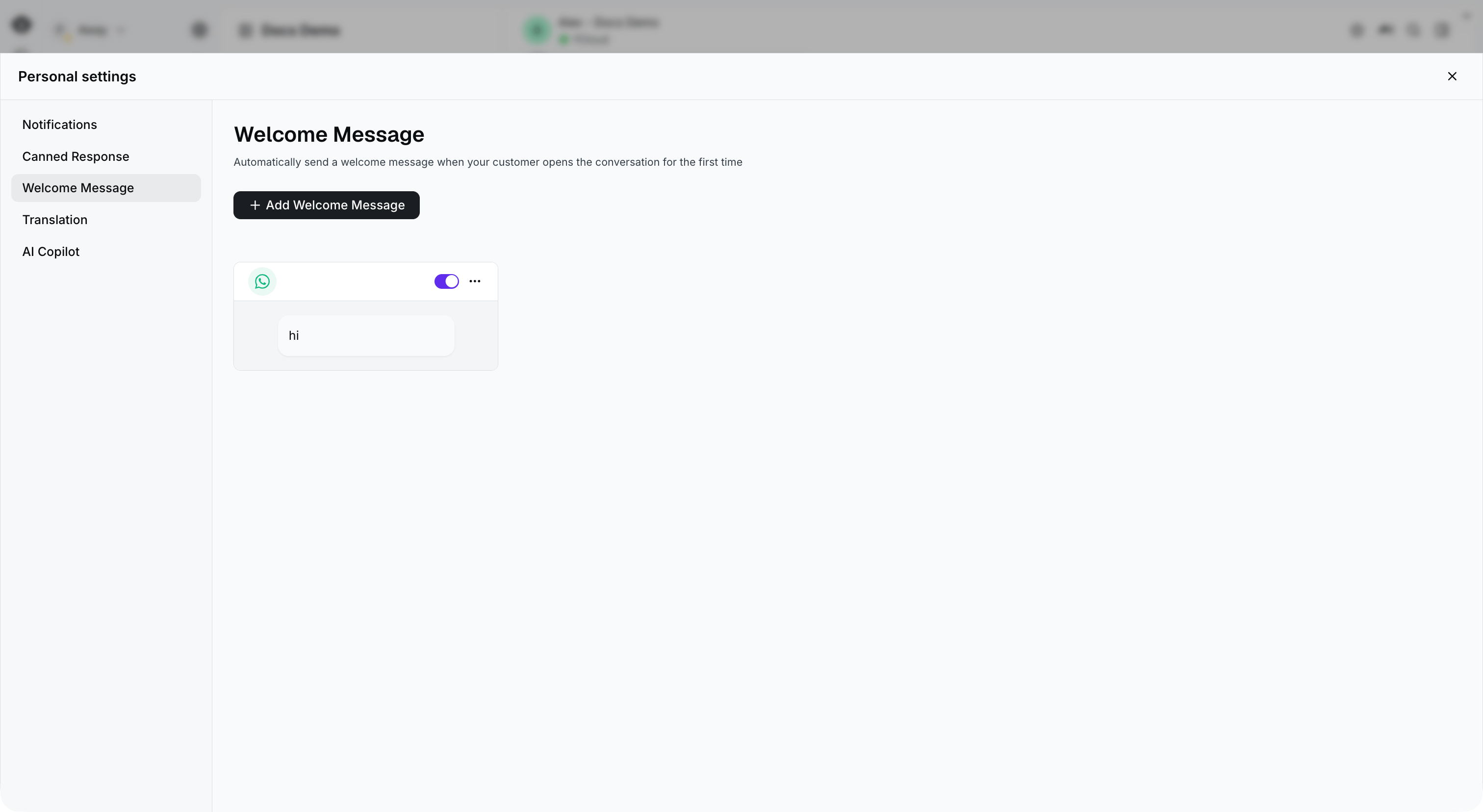 Sección Welcome Message en el panel completo de Personal settings de Inbox.