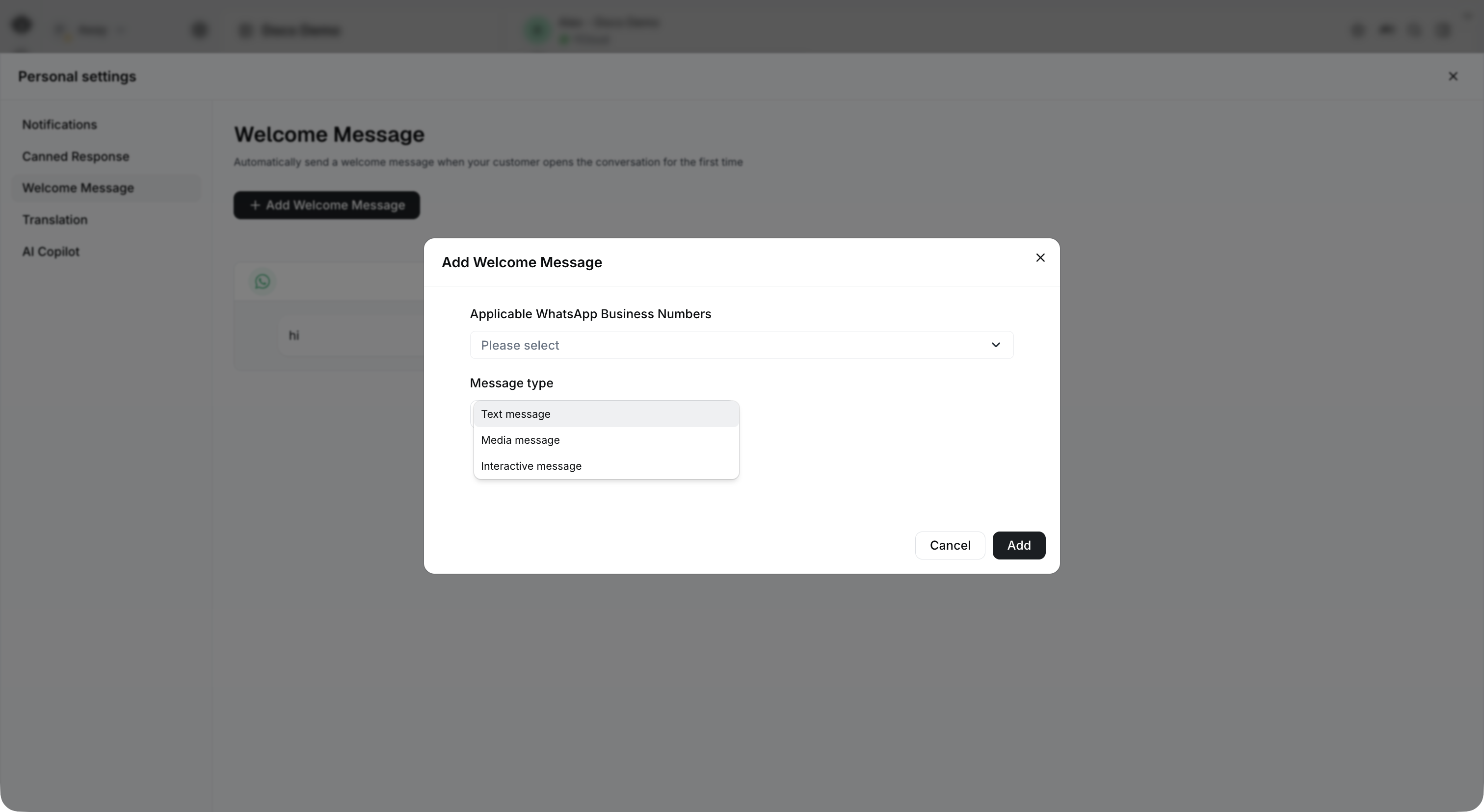 Cuadro de diálogo de mensaje de bienvenida que muestra los tipos de mensajes Text, Media e Interactive.